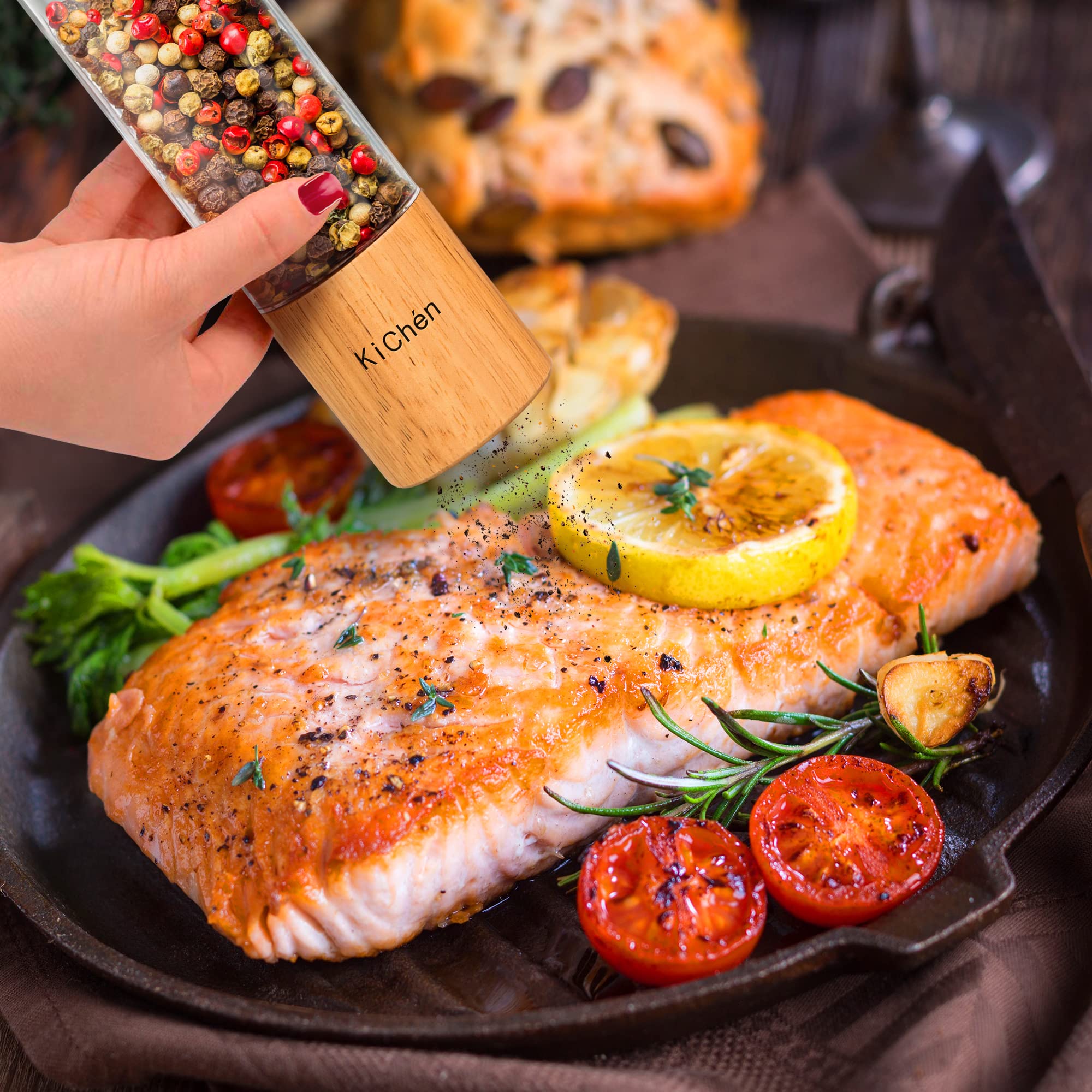 Premium Wooden Salt and Pepper Grinder Set - Manual Adjustable Refillable Spice Mill with Large Capacity - Perfect for Kitchen, Dining Table & Outdoor BBQ