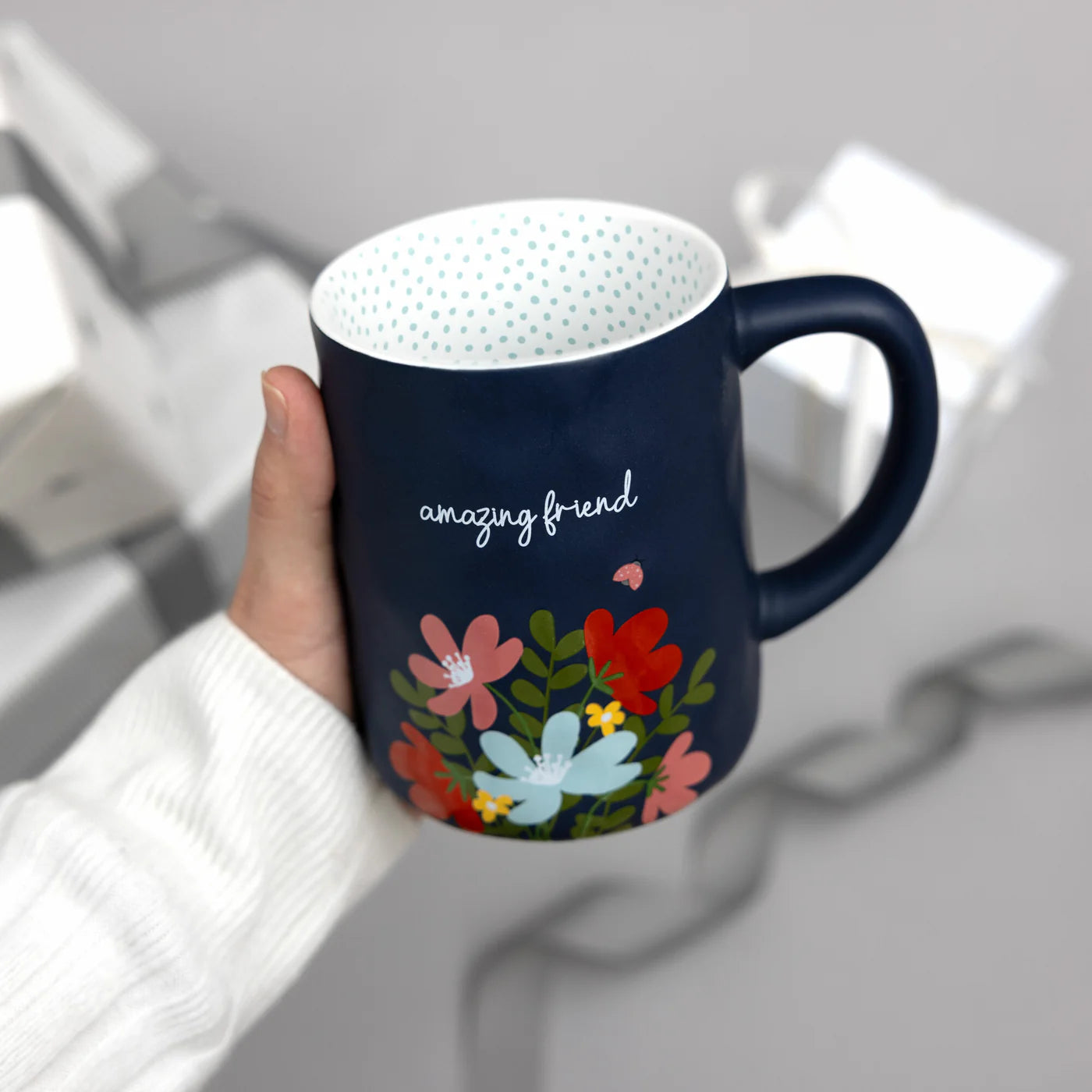 Best Friend Coffee Mug - 17 oz Navy Blue Floral Design Ceramic Cup - Perfect for Gifts, Office Use & Cozy Home Mornings