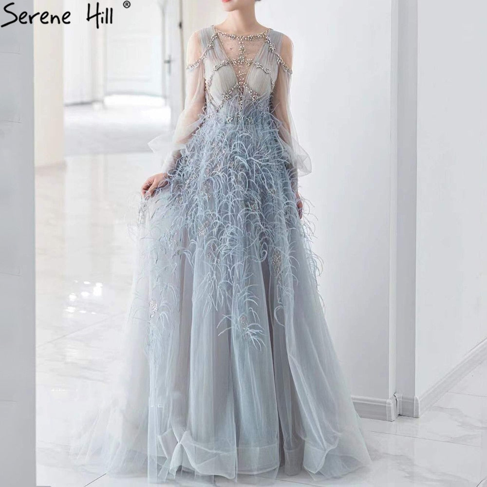 Elegant Grey A-Line Evening Gown with Long Sleeves & Diamond Feather Details - Women's Luxury Party Dress for Formal Events, Galas & Special Occasions - Serene Hill Collection LA71495