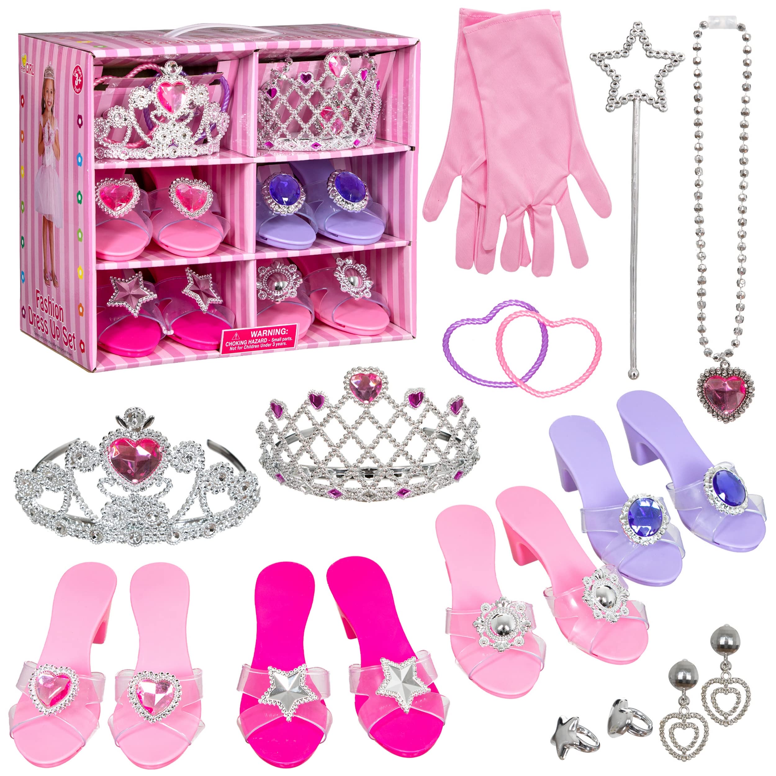 Majestical Princess Dress Up Set for Girls Ages 3-5 - 4 Pretend Play Shoes, Tiara, Magic Wand, Necklace & Earrings | Kids Role Play Costume Accessories for Birthday Parties & Pretend Play