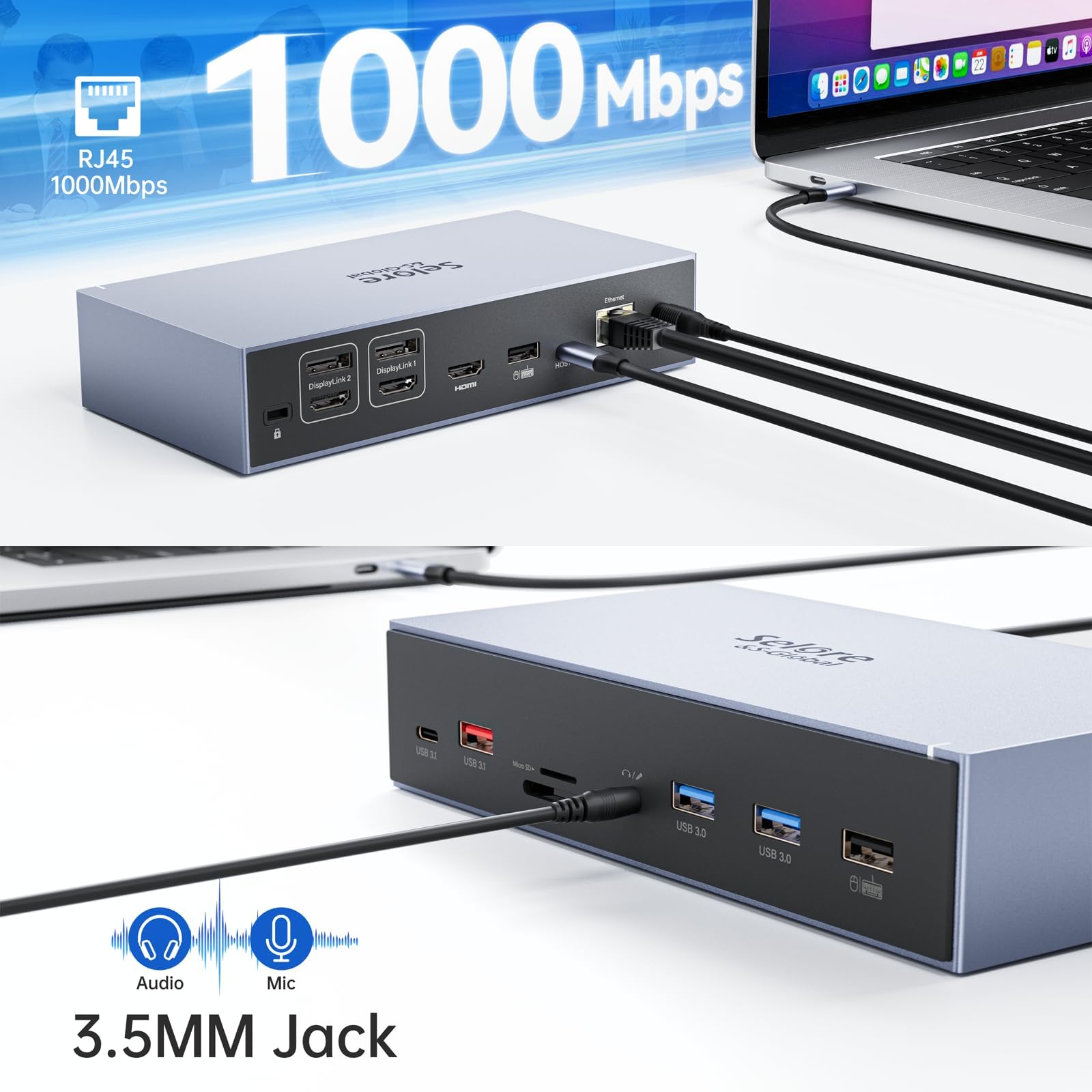 Selore&S-Global DisplayLink Docking Station for MacBook M1/M2/M3 & Windows - Triple Monitor USB C Hub with 3 HDMI, 2 DisplayPort, Ethernet, USB A/C Ports - Power Adapter Included for Dell/HP/Lenovo Laptops - Perfect for Home Office, Gaming & Multi-Tasking Setup