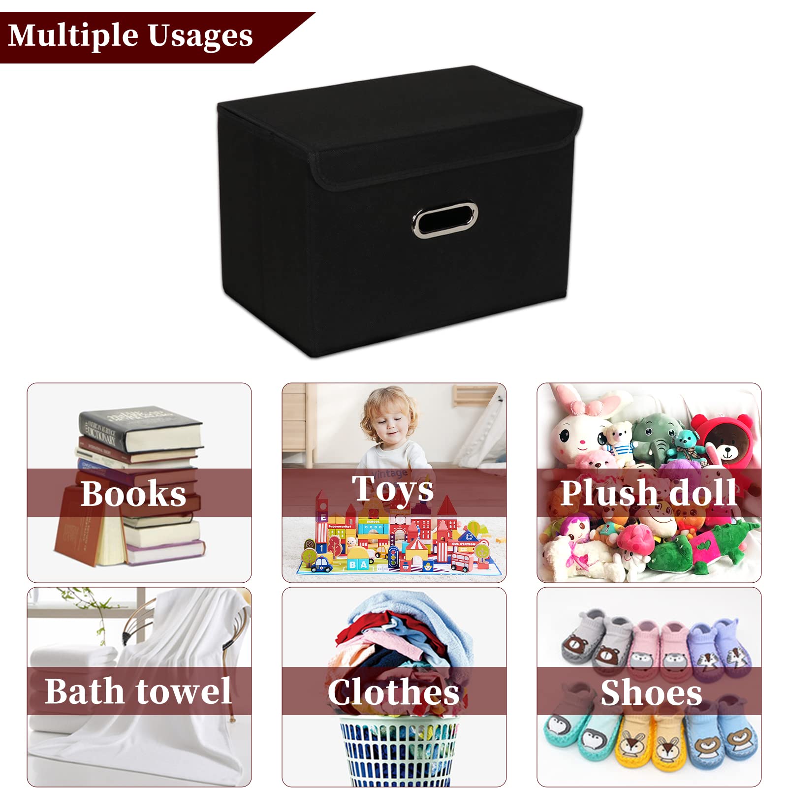 STOREONE 3-Pack Fabric Storage Bins with Lids & Metal Handles - Foldable Closet Organizer, Collapsible Cube Baskets for Bedroom, Home Organization - Perfect for Toys, Blankets & Seasonal Storage (Black)