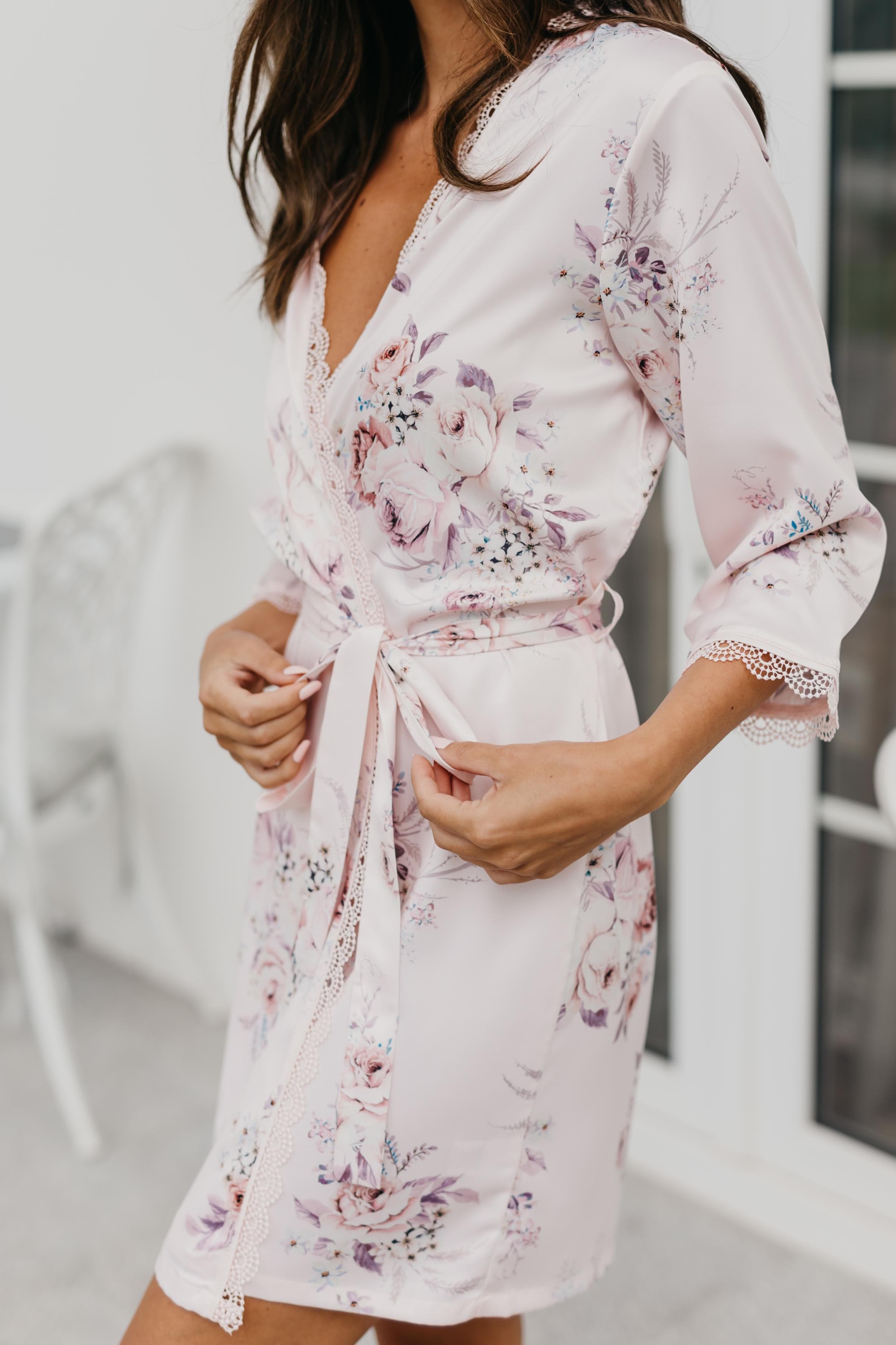 Elegant Rose Mist Floral Lace Trim Satin Robe - Women's Luxury Kimono Bathrobe for Bridal, Spa, Honeymoon & Boudoir Photography