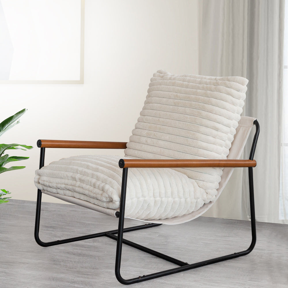 MAXYOYO Striped Faux Fur Accent Chair with Wooden Arms & Metal Frame - Cozy Living Room Seating for Home Office, Bedroom or Lounge (White)