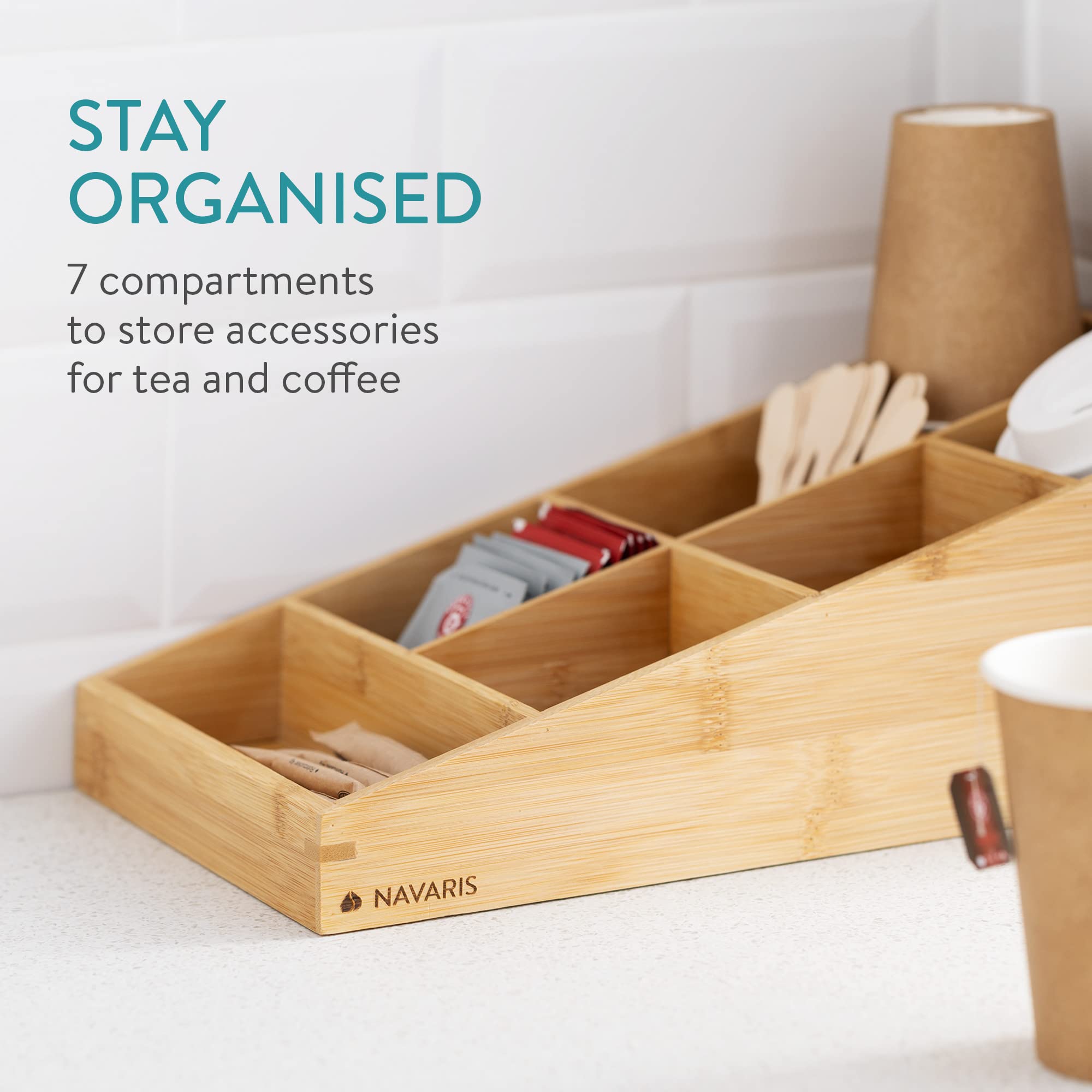 Navaris 7-Compartment Coffee Station Organizer - Sugar, Creamer, Tea & Cup Holder for Coffee Bar - Kitchen & Office Countertop Organization - Perfect for Home Brewing & Entertaining Guests
