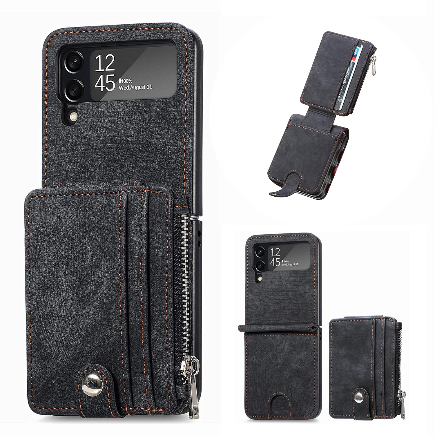 Premium Leather Wallet Case for Samsung Galaxy Z Flip 4 - Detachable Card Holder, Magnetic Kickstand & Shockproof Design | Slim Minimalist Front Pocket Wallet for Men & Women (Black) | Perfect for Everyday Carry, Travel & Business Use