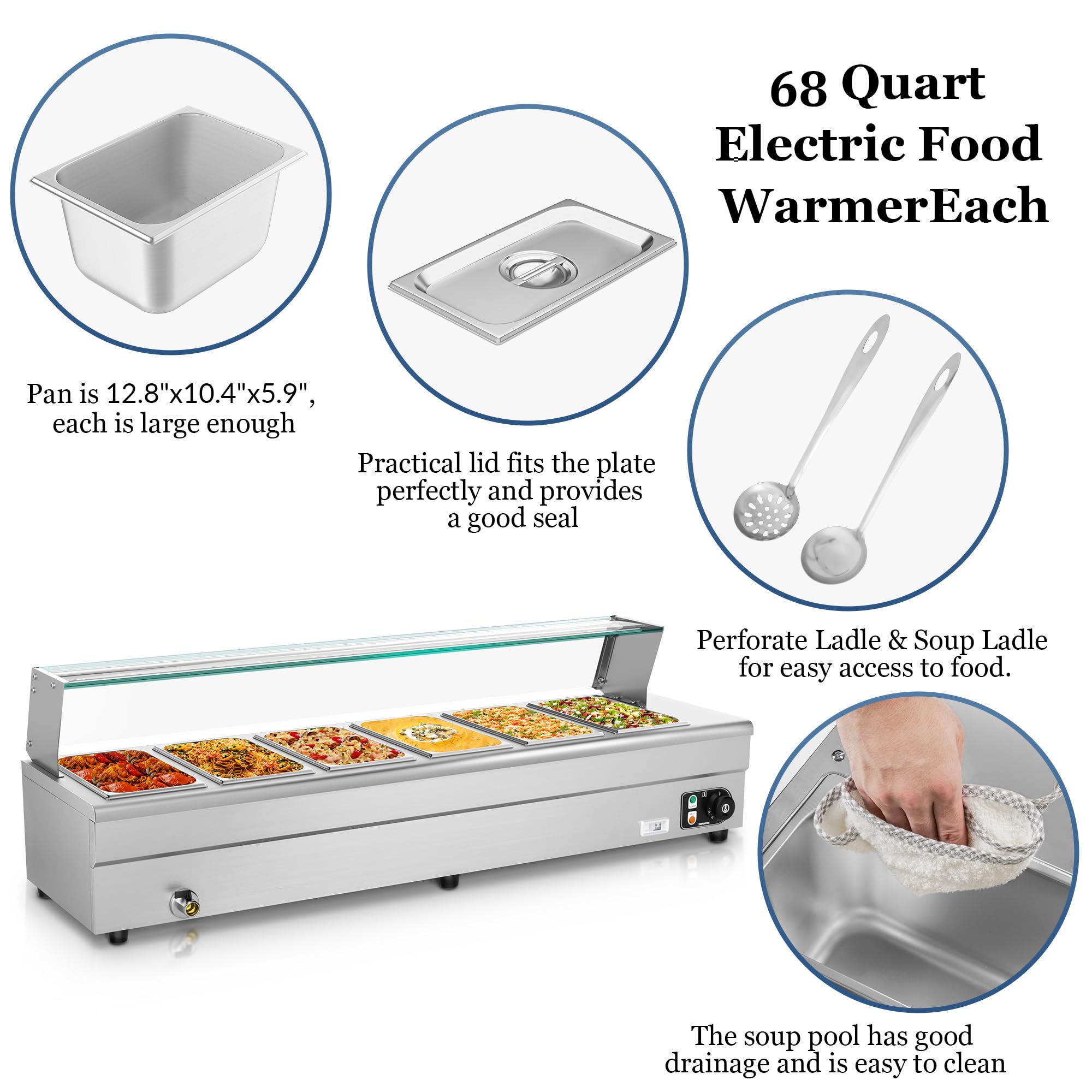 6-Pan Commercial Food Warmer - 110V 1500W Stainless Steel Bain Marie Steam Table with Large Capacity Pans | Perfect for Catering, Restaurants, Parties & Buffets | Electric Food Warmer for Professional Kitchens & Events (110V 6-Pan)