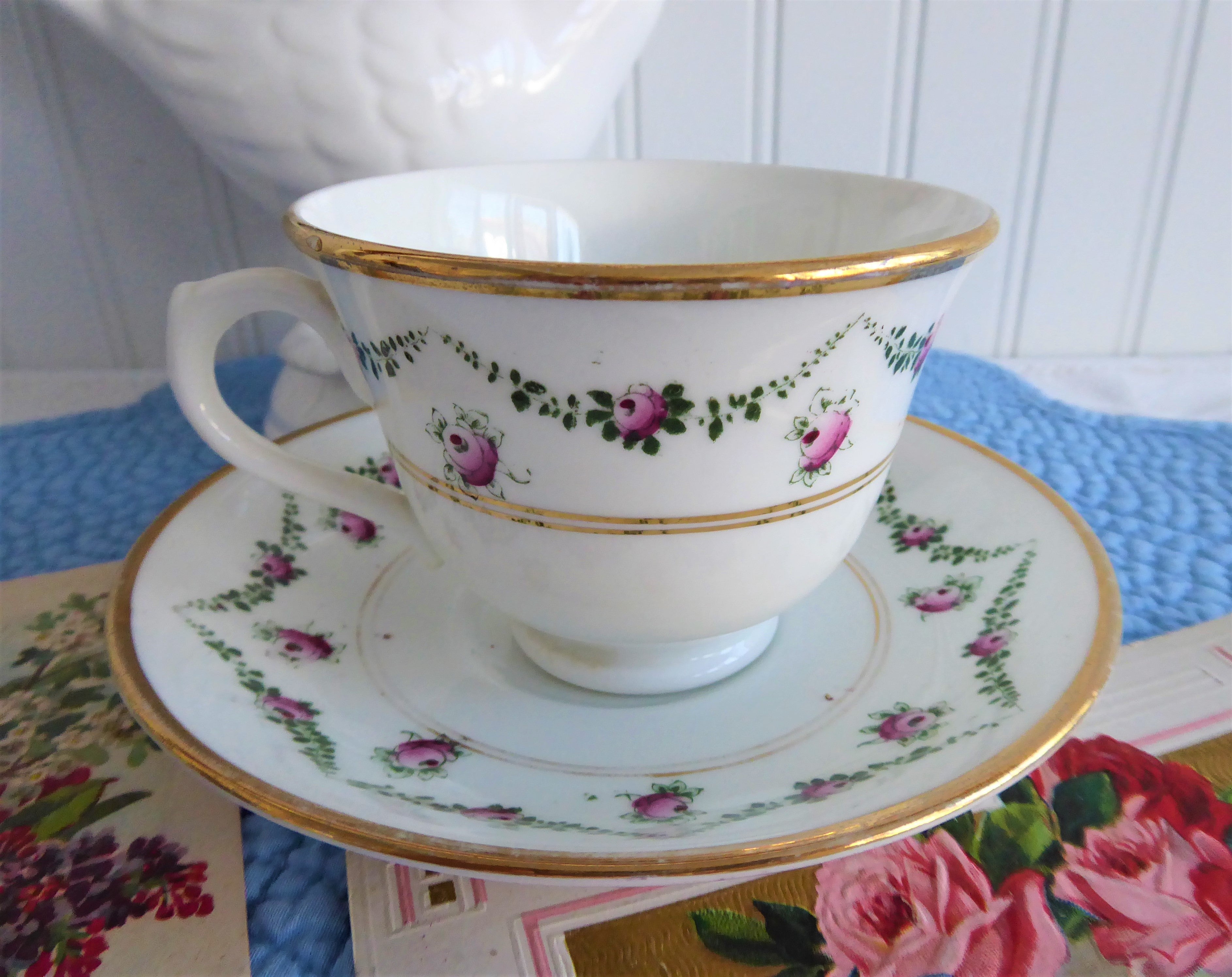 Vintage Edwardian Royal Albert Crown Cup & Saucer Set - Rosebud Swags with Gold Trim (1910 Bone China) - Elegant Floral Tea Set for Afternoon Tea, Wedding Gifts & Vintage Collectibles
