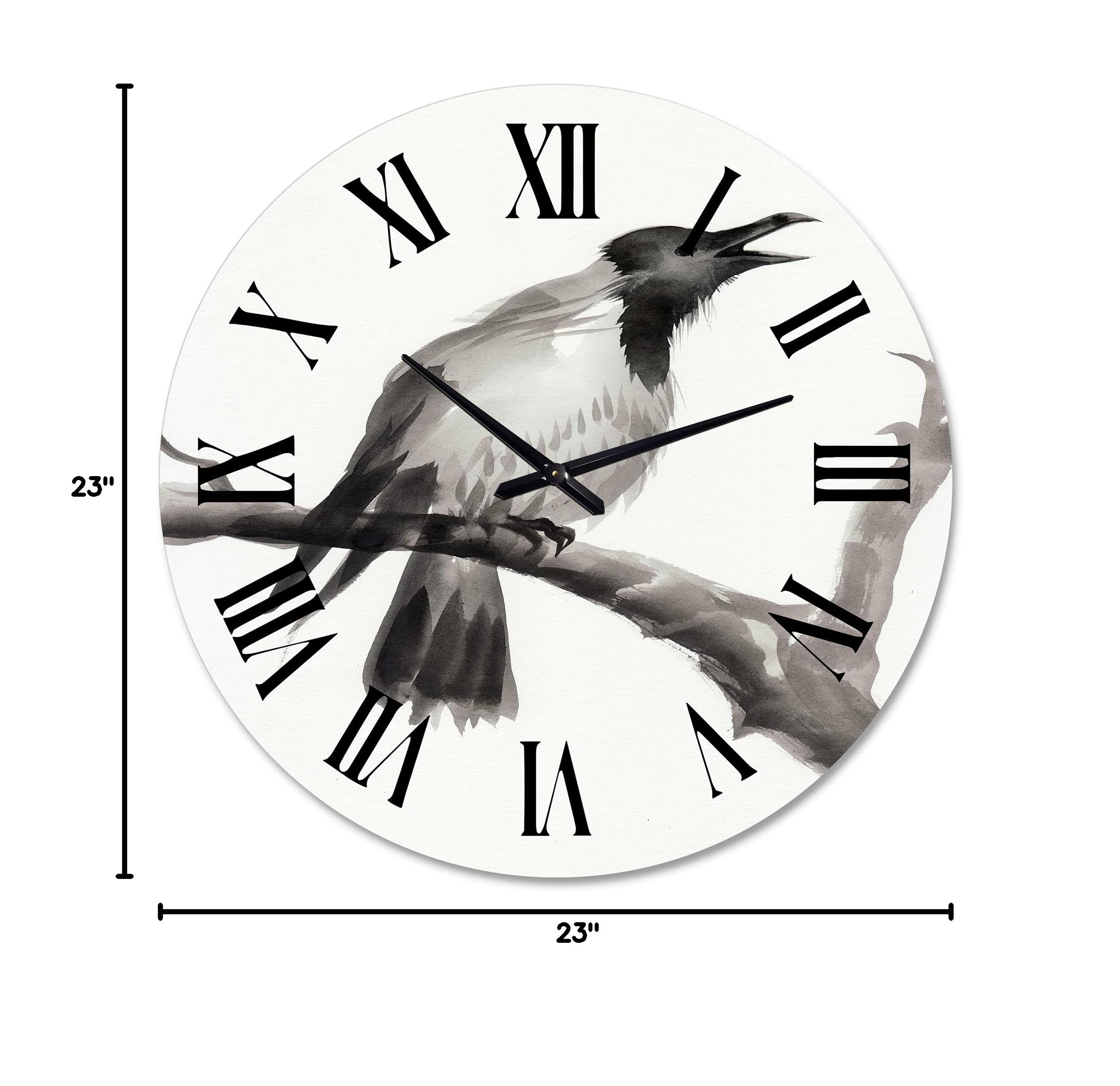 DesignQ Traditional Large Wall Clock - Crying Crow on Branch Animal Theme for Living Room, Bedroom, Office Decor | Silent Non-Ticking Home Wall Art