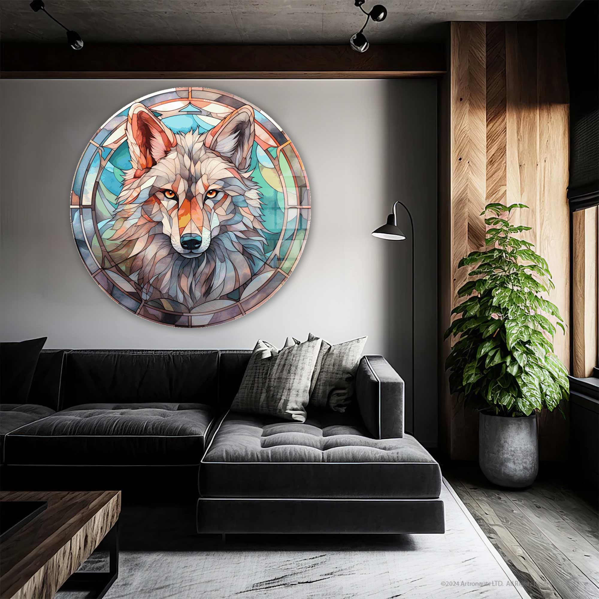 Stained Wolf II Rounded Glass Wall Art - Modern Home Decor for Living Room, Bedroom & Office - Elegant Handcrafted Glass Artwork
