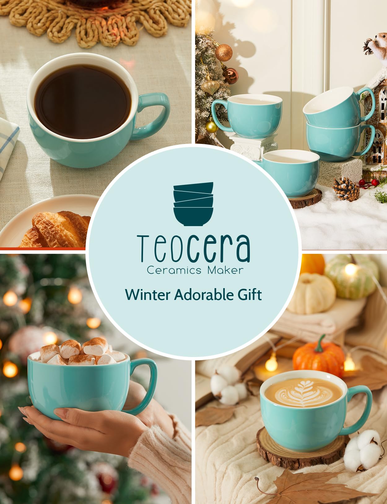 Teocera Turquoise Coffee Mugs Set of 4 - 16oz Ceramic Mugs for Hot & Cold Drinks - Durable Porcelain Coffee Cups for Latte, Cocoa, Milk & Tea - Modern Design Coffee Mug Set - Perfect for Home, Office & Cafe Use