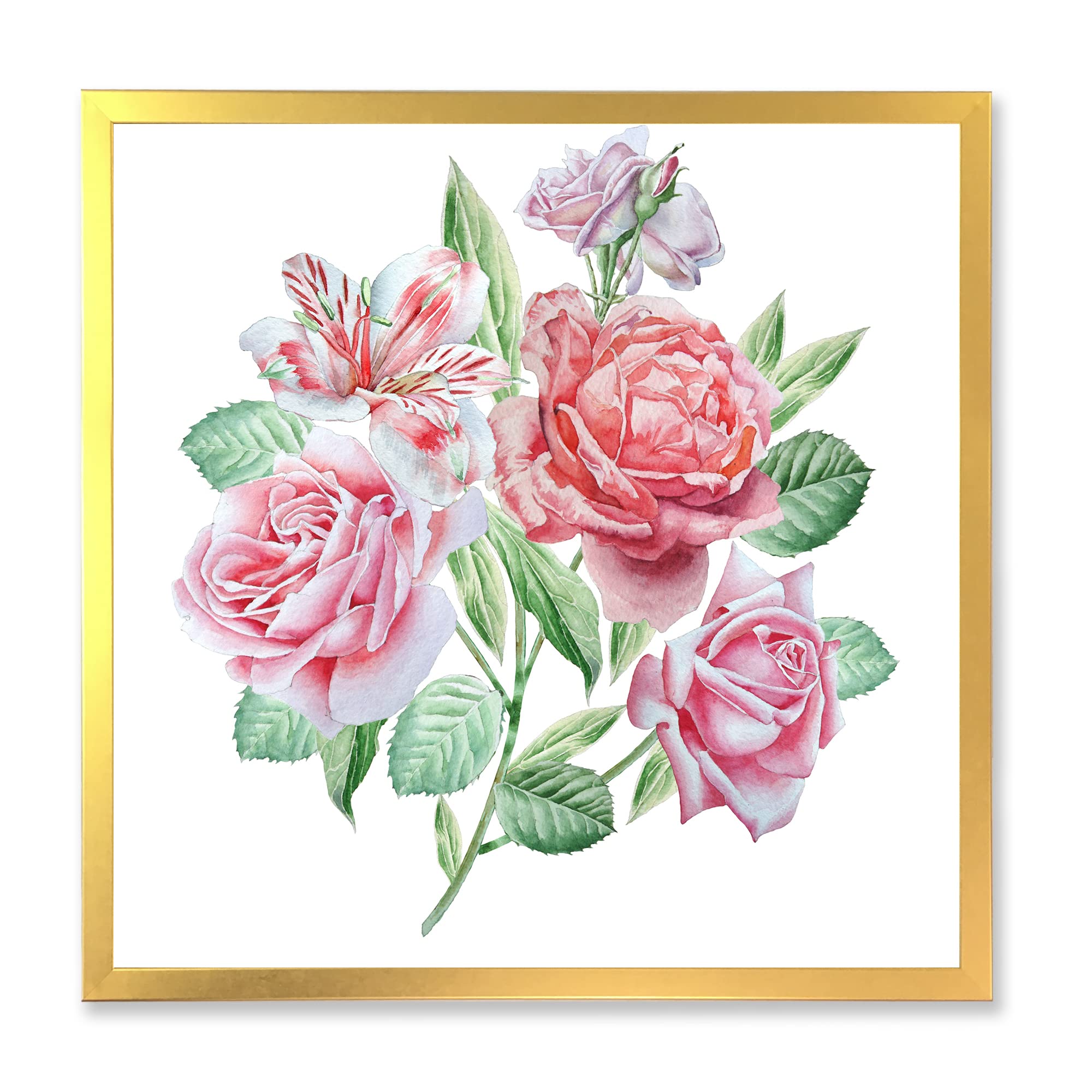 DesignQ Spring Flowers Alstroemeria Rose Traditional Framed Wall Art - Hand Painted Canvas Painting for Living Room, Bedroom Decor - Perfect Home & Office Wall Decor Gift Idea