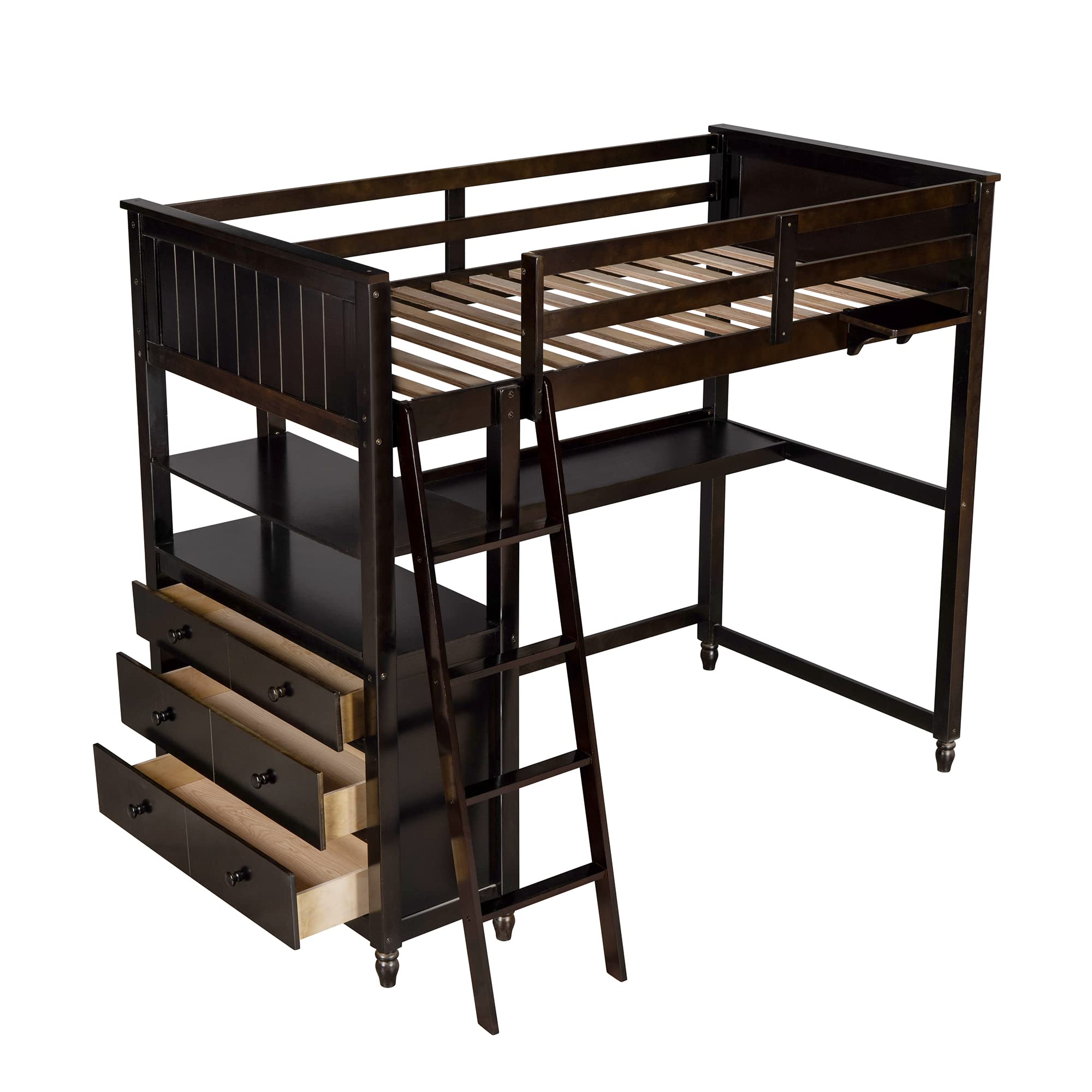 **Solid Wood Twin Loft Bed with Desk for Kids – Multi-Functional Loft Bed Frame with 3 Drawers, 3 Storage Shelves, Ladder & Guardrails (Espresso) – Perfect for Small Bedrooms, Dorm Rooms & Space-Saving Kids' Rooms**