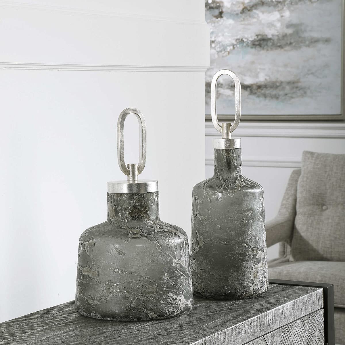 Storm Art Glass Bottles Set of 2 - Uttermost 17840 23x19x14 Inch Handmade Decorative Vases for Home Decor, Wedding Centerpieces & Coastal Style Interior Design