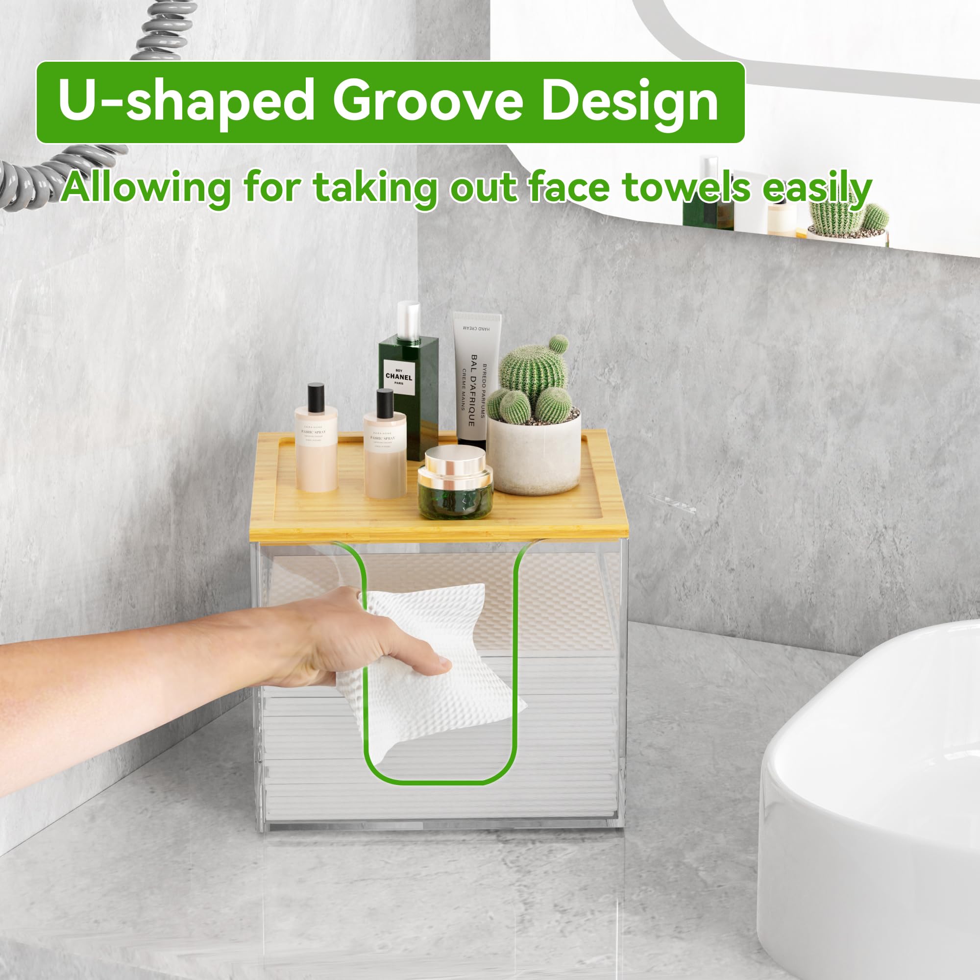 VITVITI Disposable Face Towel Holder Box - Acrylic Facial Tissue Container for XL Clean Skin Club Towels | Large Storage with Bamboo Lid | Perfect for Bathroom Vanity, Makeup Organization & Spa Essentials