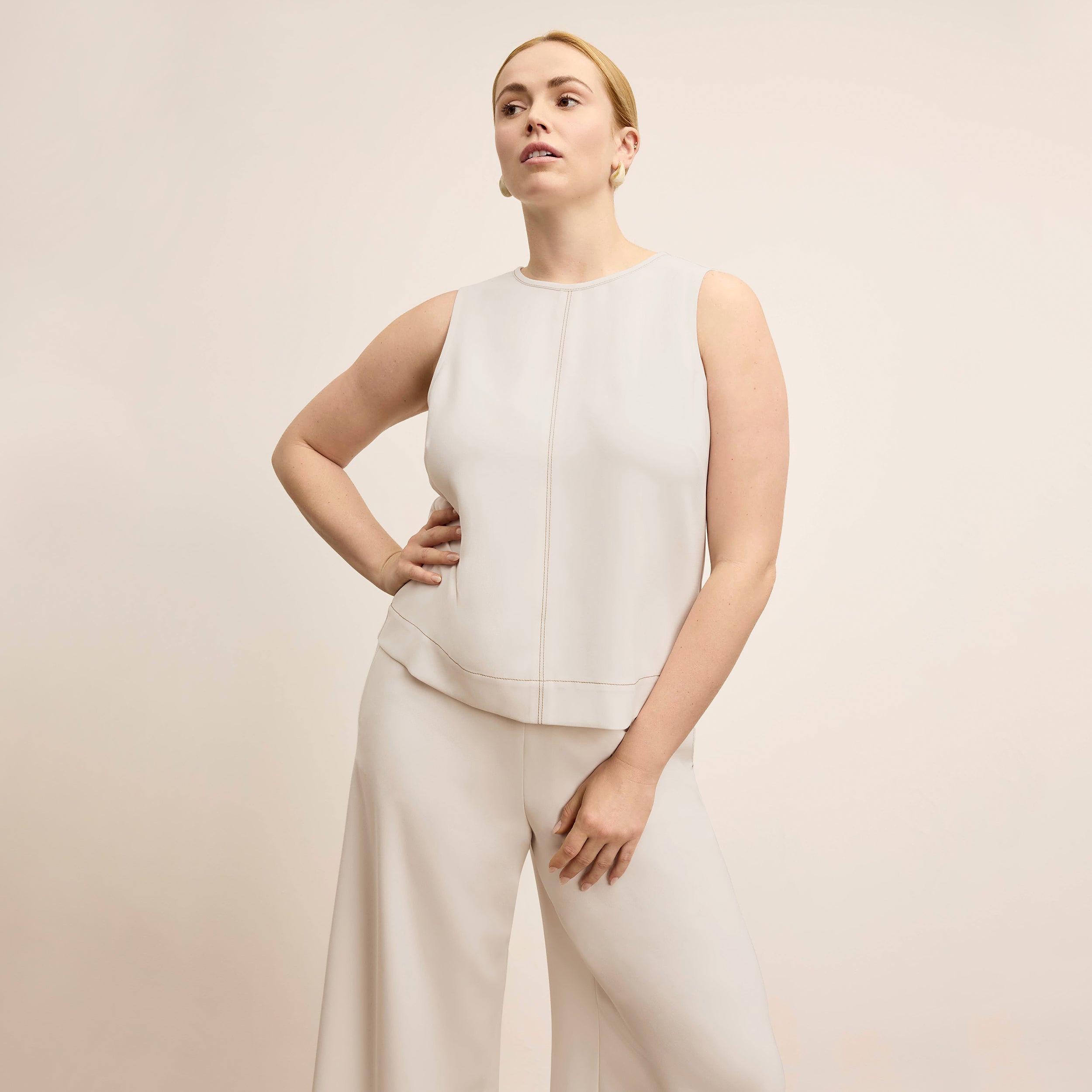 Elena Culotte Everyday Crepe Pants with Topstitch Detail - Comfortable Eggshell Women's Trousers for Work, Office & Casual Wear
