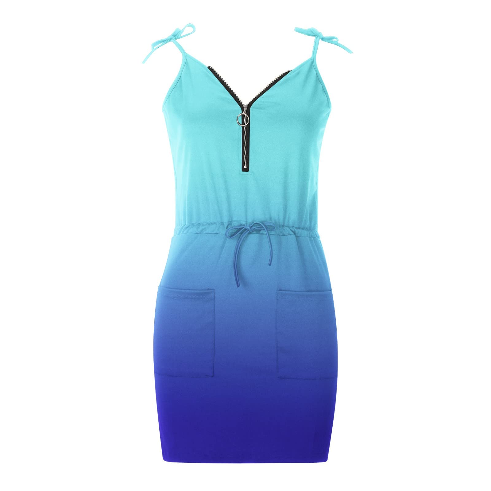Women's Summer Casual Sun Dress with Pockets - Sexy V-Neck Sleeveless Tie Waist Gradient Print Mini Slip Dress | Perfect for Beach, Vacation, and Date Night Outfits