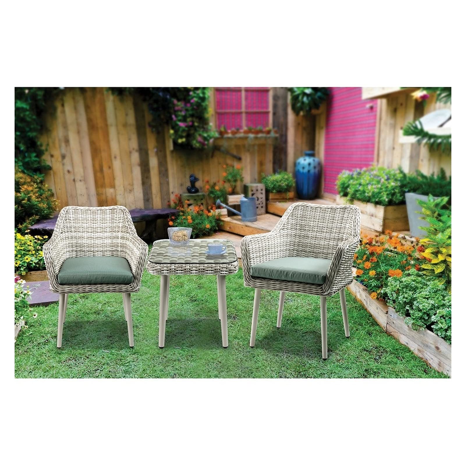 3-Piece All-Weather Patio Bistro Set - Rattan Conversation Chairs with Cushions & Side Table - Outdoor Furniture for Garden, Balcony, Poolside - Green Fabric & Beige Wicker - Perfect for Relaxing, Entertaining & Enjoying Outdoor Spaces