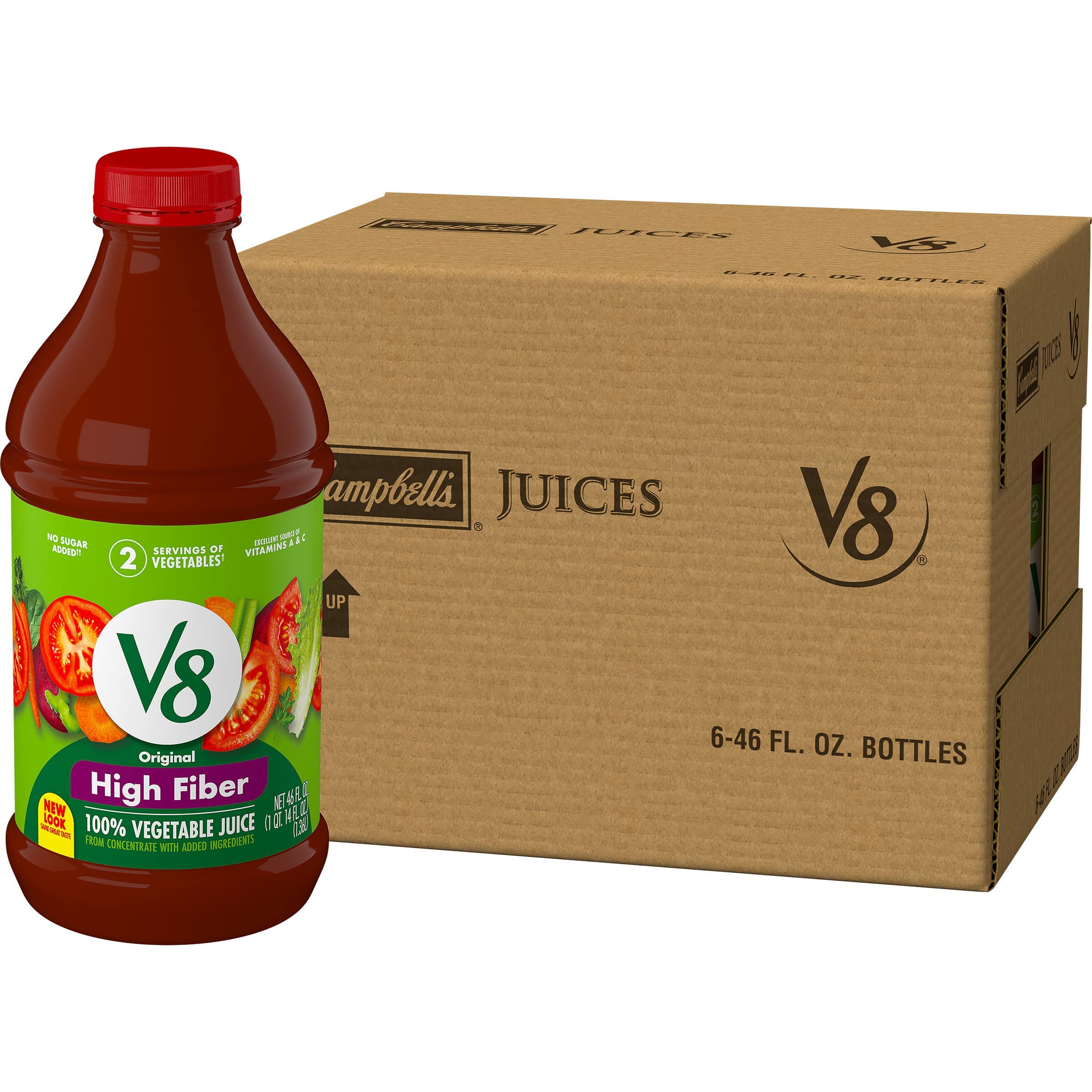 V8 High Fiber Vegetable Juice - Tomato Blend, 46oz (6-Pack) for Healthy Digestion