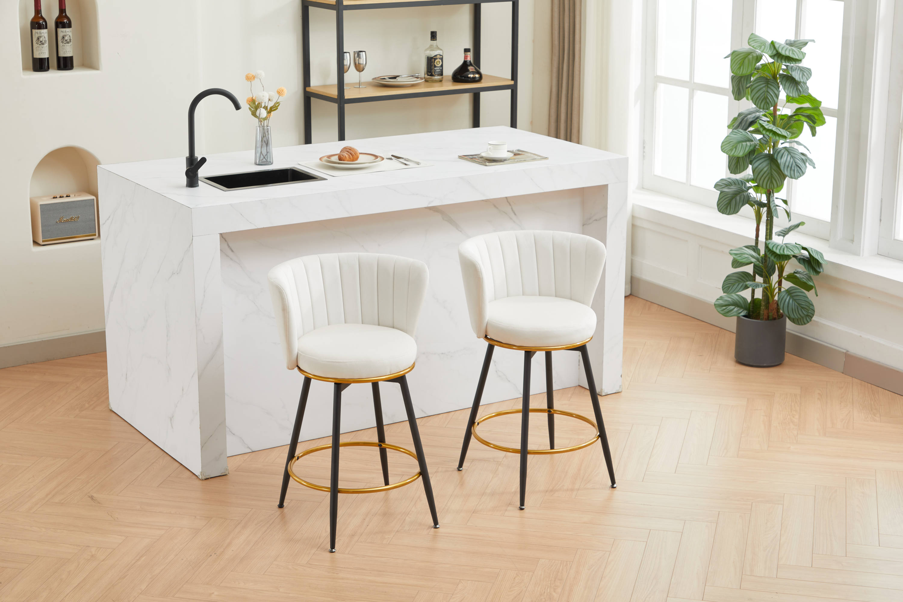 Set of 2 Counter Height Bar Stools - 360° Swivel Upholstered Barstools with Back Support & Sturdy Metal Legs, 26 Inch Seat Height, Soft Velvet Fabric, Gold Footrest - Perfect for Kitchen Islands, Breakfast Bars & Home Bars