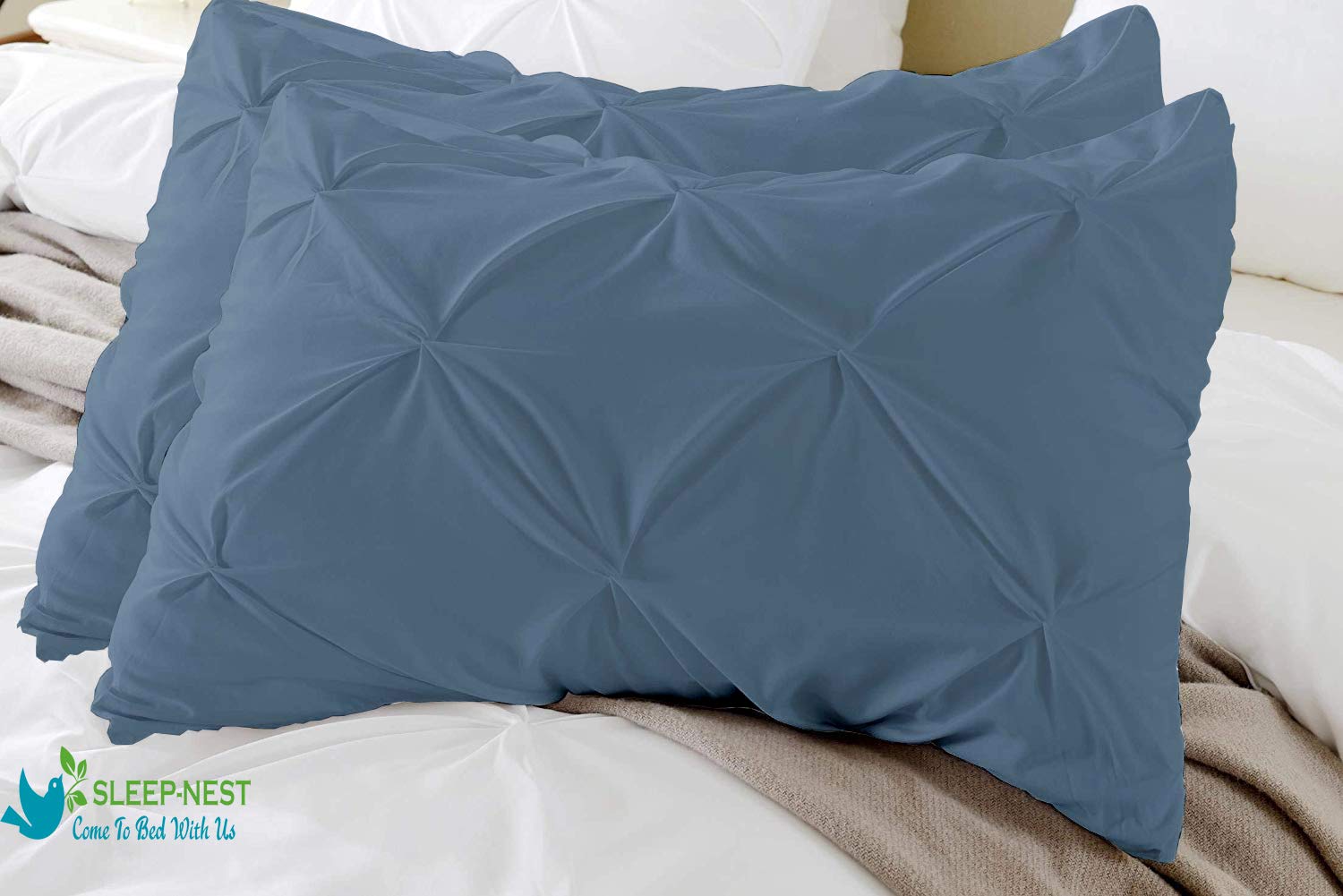 Premium 800TC 100% Cotton Pinch Pleated Standard Pillow Sham Set of 2 - Medium Blue (20