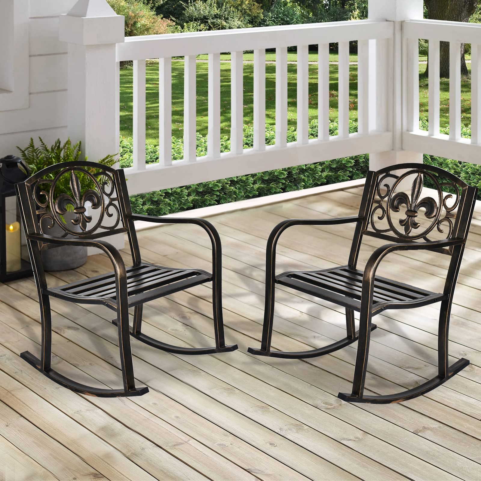 MAGIC UNION Outdoor Metal Rocking Chairs Set of 2 - Antique Bronze Patio Rocker, Cast Iron Glider Chair for Garden, Deck, Backyard, Terrace - Perfect for Relaxing, Reading & Enjoying Nature (Set of 2)