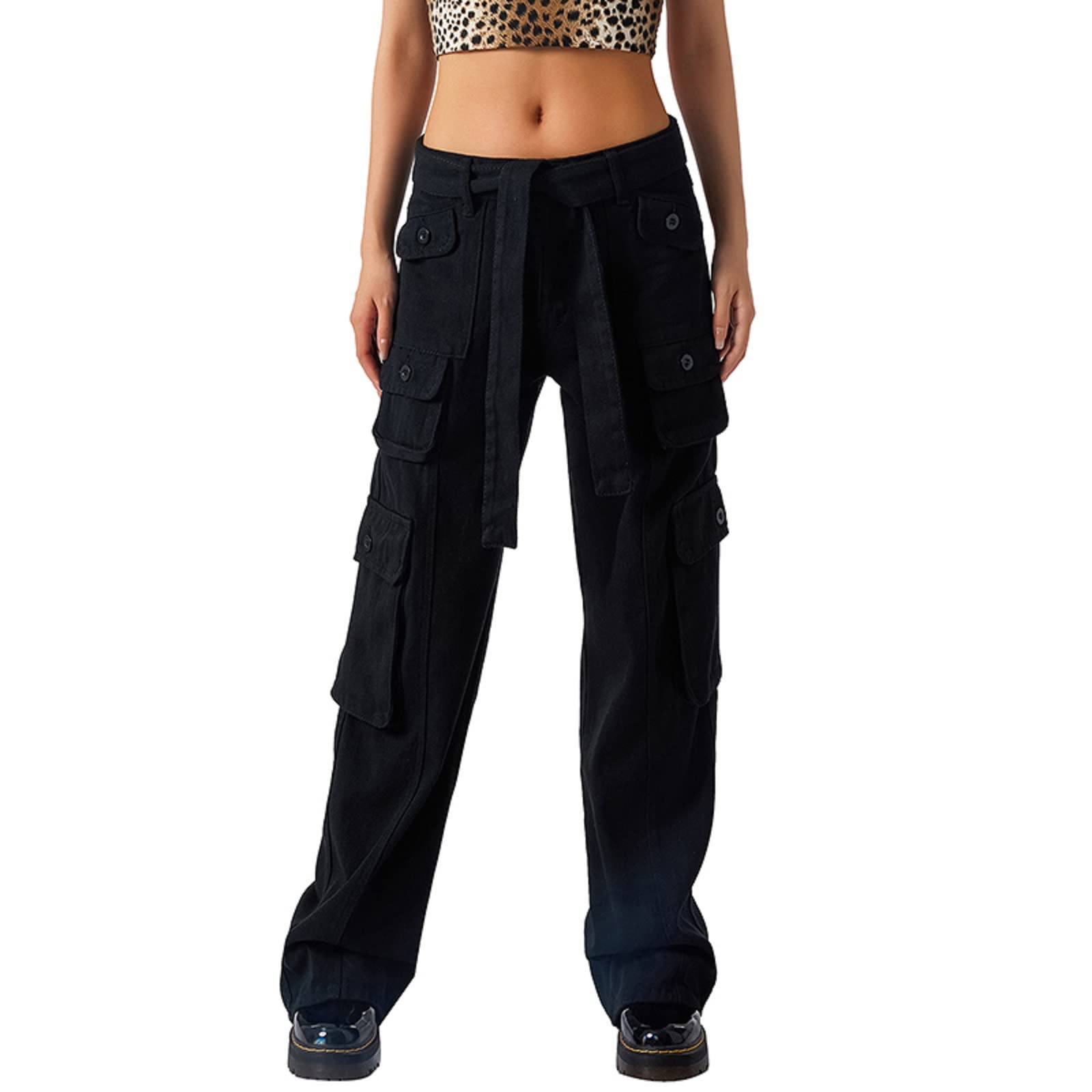 Juakoso Y2K Women's Low Waist Straight Wide Leg Cargo Pants - Retro Harajuku Denim Jeans with Pockets - Streetwear Fashion for Casual Outfits & Urban Style