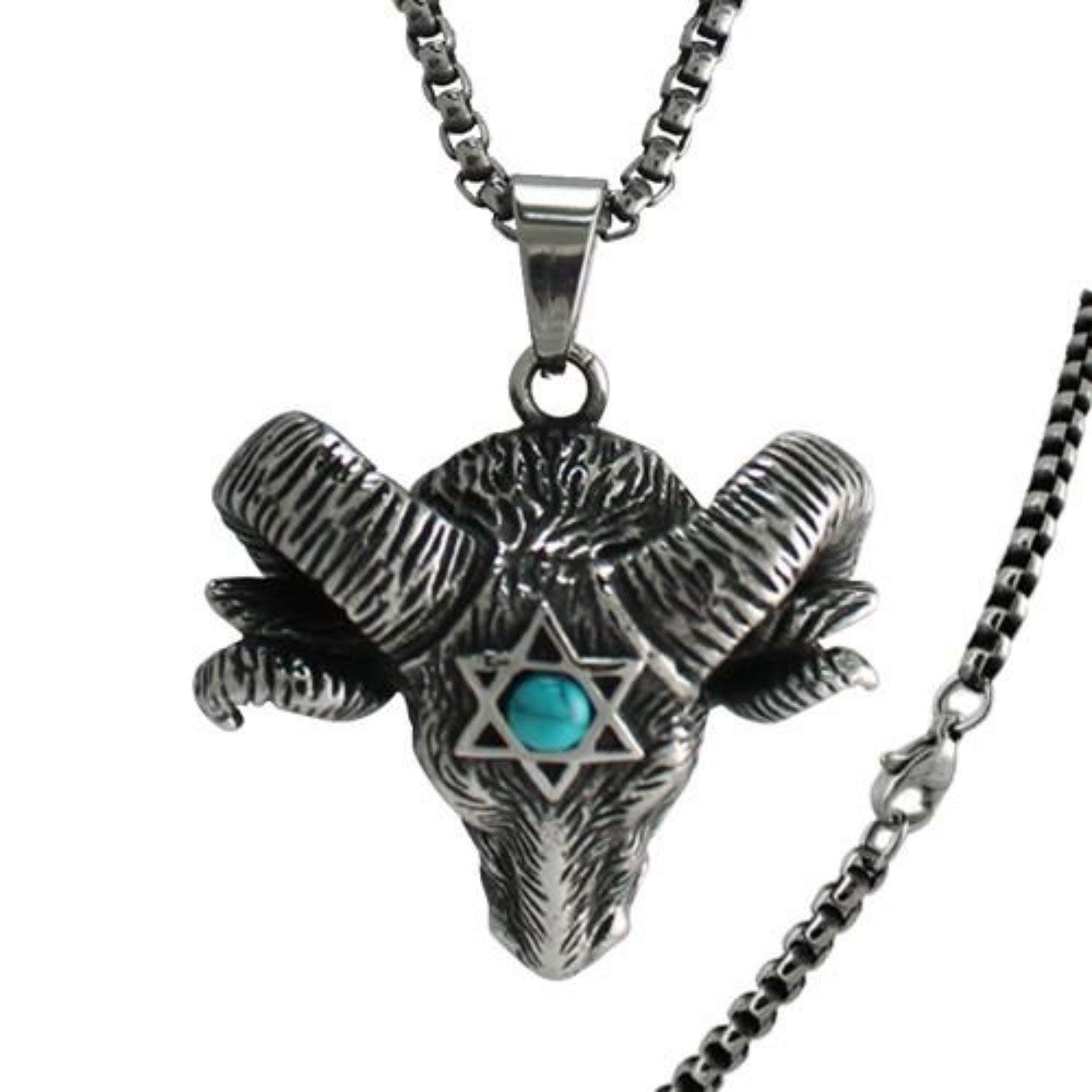 LND Stainless Steel Ram's Head Pendant Necklace with Star of David & Turquoise Stone - Spiritual Jewelry for Men & Women - Perfect for Religious Gifts, Fashion Accessories, and Everyday Wear