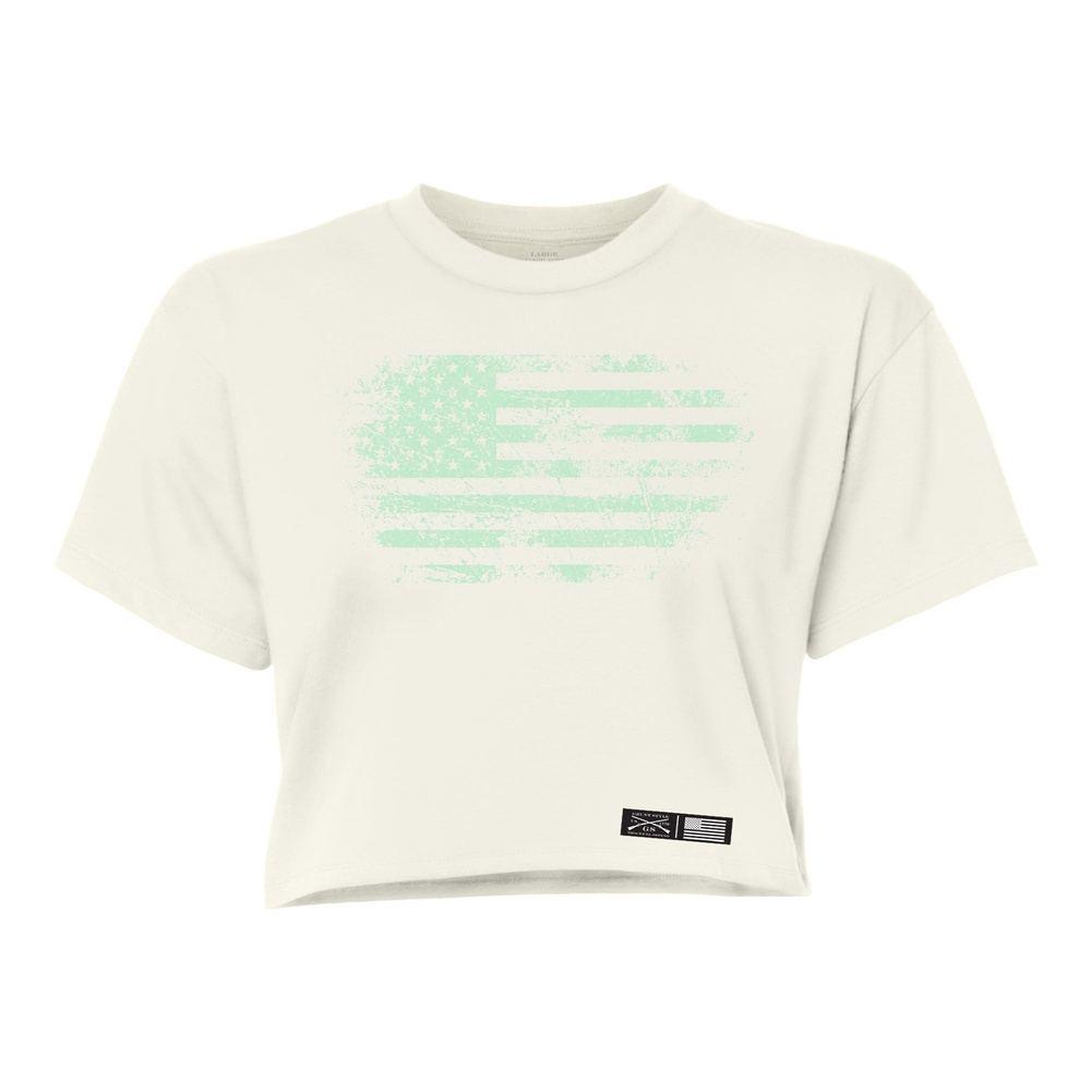 Vintage American Flag Cropped T-Shirt for Women - Natural Cotton Fit - Perfect for 4th of July, Patriotic Events & Casual Outfits