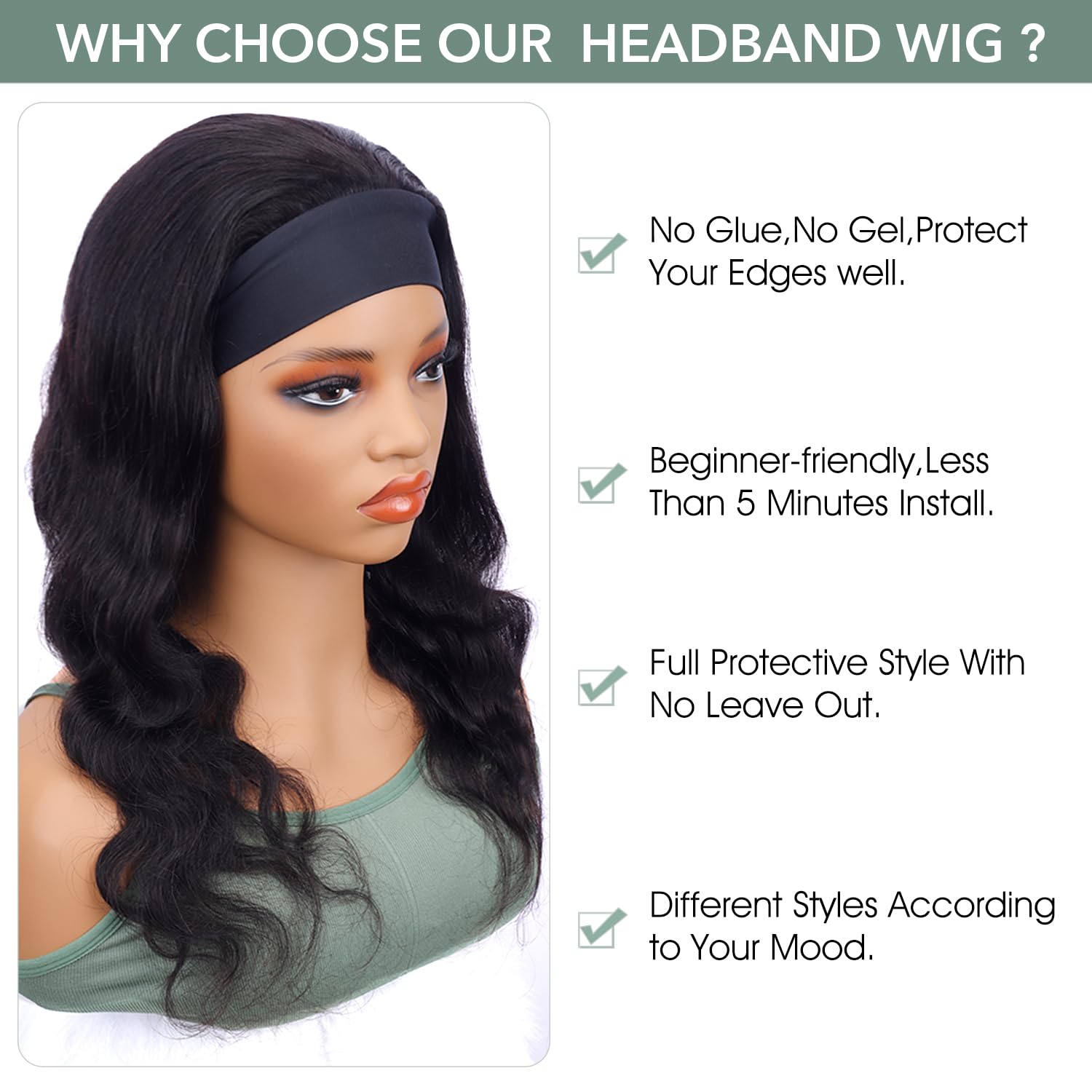 20 Inch Body Wave Headband Wig - 180% Density Human Hair Glueless Wig for Black Women | Brazilian Virgin Hair, Natural Color, Wear & Go, Machine Made, No Lace Front | Perfect for Daily Wear, Parties & Protective Styling