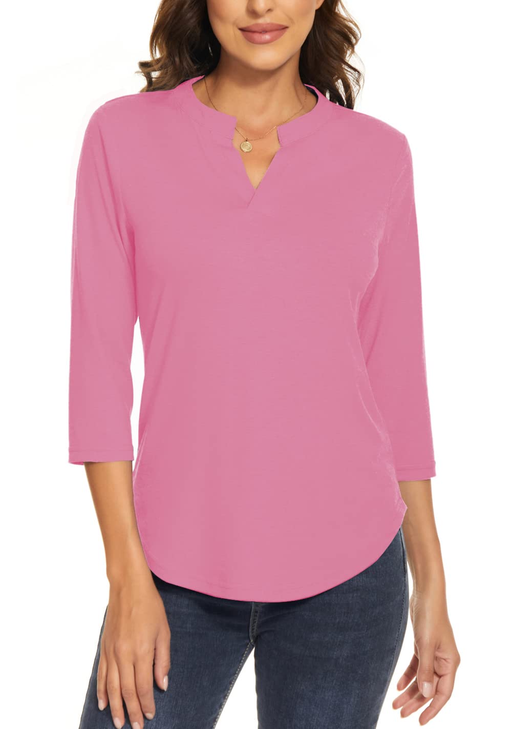 Women's 3/4 Sleeve V-Neck Collared T-Shirts - Professional Work Blouses & Casual Tops for Office, Business Meetings & Everyday Wear