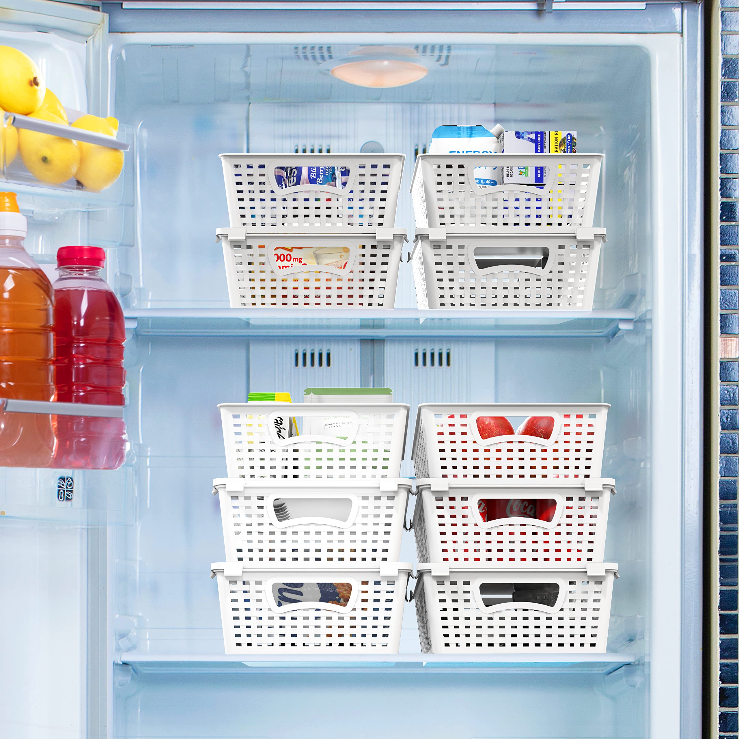 Stackable Plastic Storage Baskets - 6 Pack White Pantry Organizer Bins (14.5