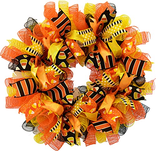 Halloween Candy Corn Deco Mesh Wreath for Front Door - Festive Fall Decor for Home, Porch & Party Decorations