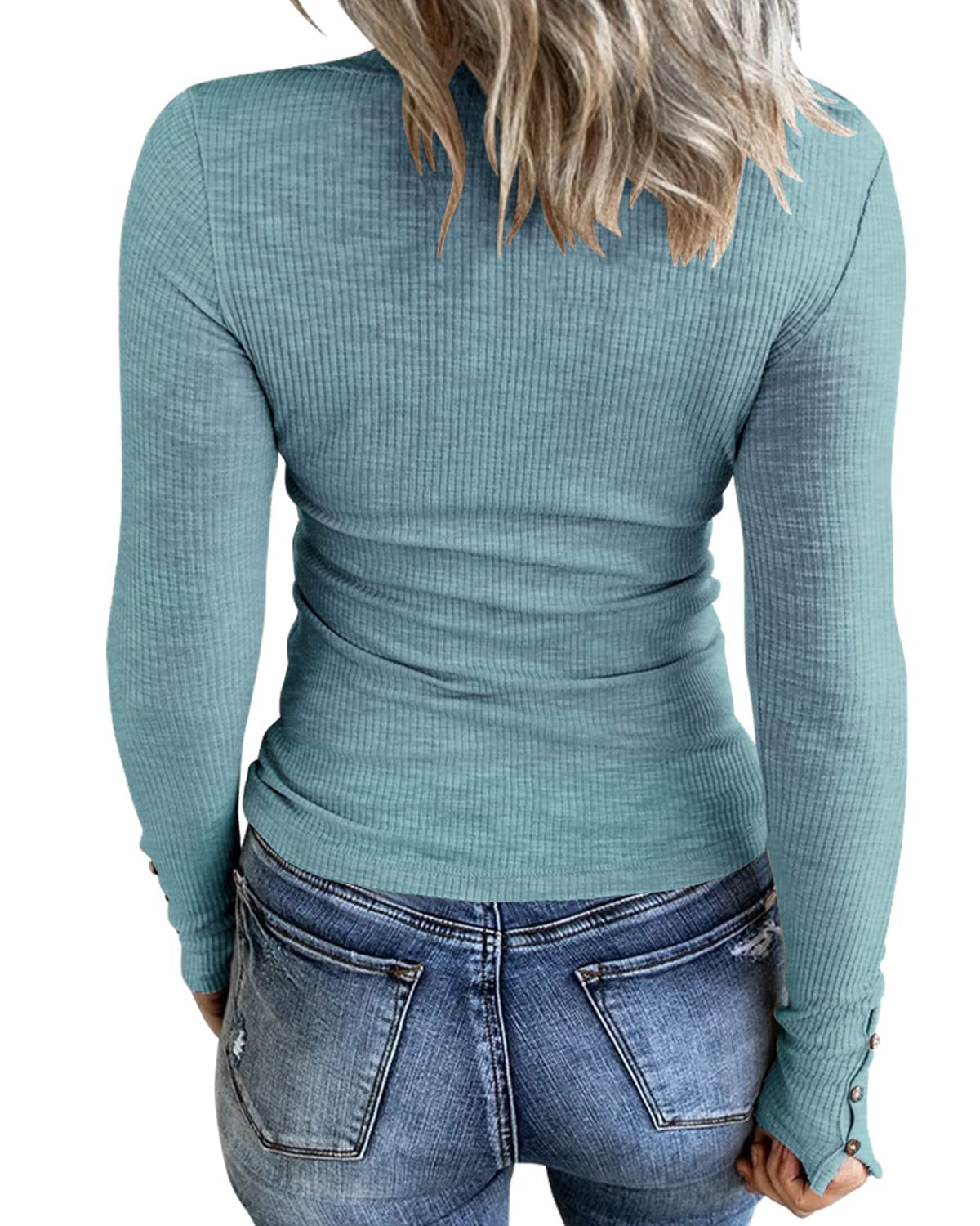 KINLONSAIR Women’s Long Sleeve Henley T-Shirts - Slim Fit Button Down Scoop Neck Ribbed Knit Top for Casual Wear, Work & Date Nights