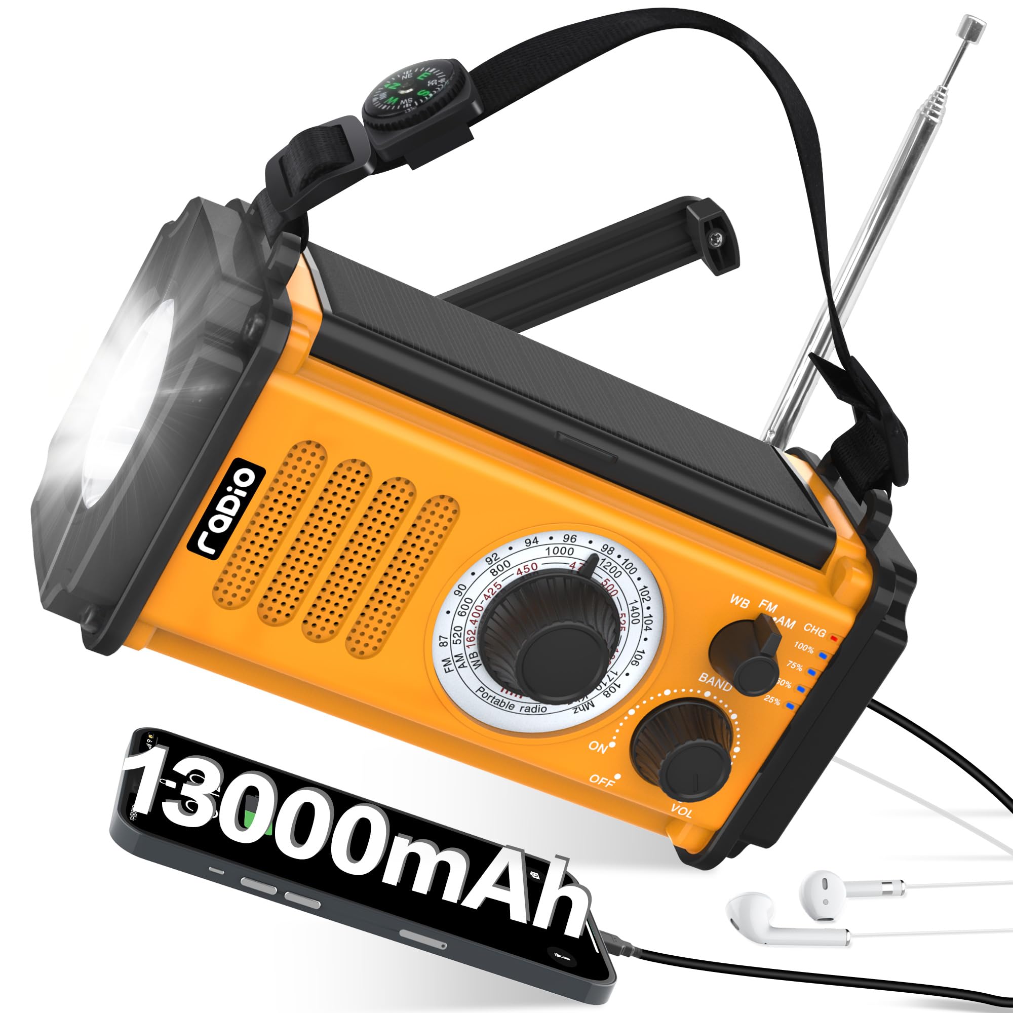 13000mAh Solar Emergency Weather Radio - NOAA/AM/FM Portable Survival Radio with Hand Crank, USB Phone Charger, Flashlight & Reading Lamp - Perfect for Hurricane, Camping, Hiking and Power Outages