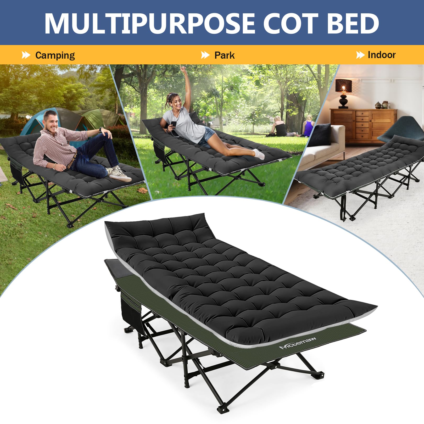 Nictemaw Folding Camping Cot for Adults - Heavy Duty 900LBS Capacity, Portable Sleeping Cot with Carry Bag, Double Layer Oxford Fabric - Perfect for Outdoor Camping, Beach, Travel, Home & Office Use - Green Stripes