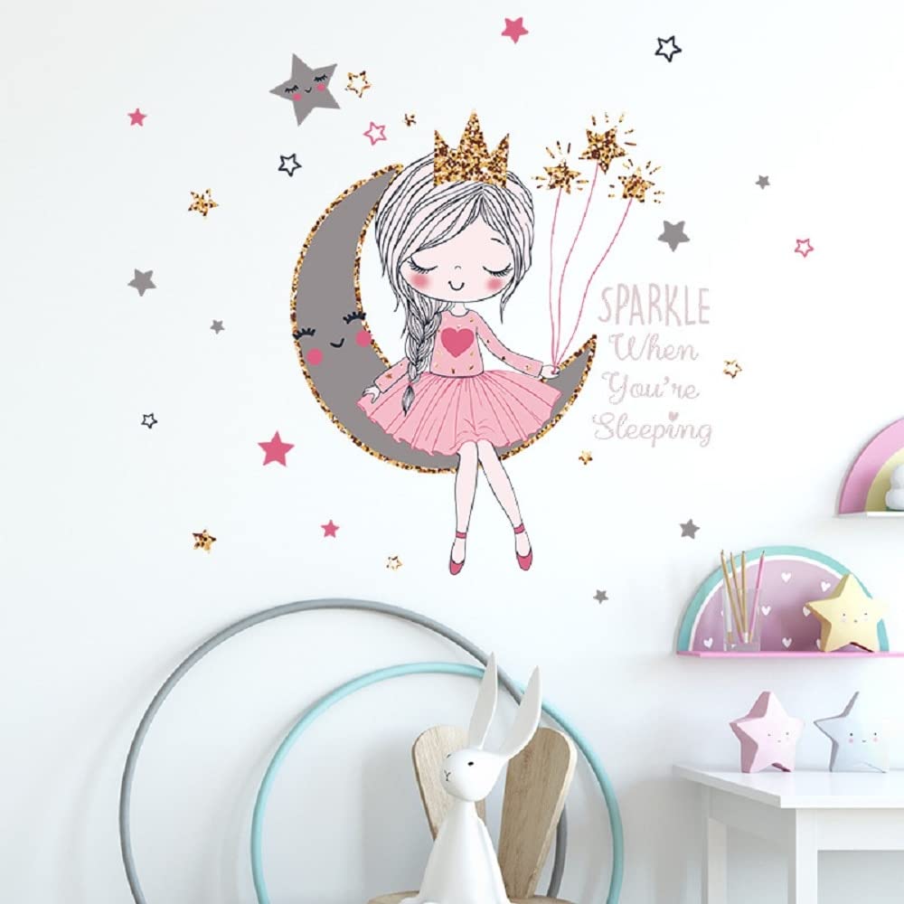 Moon Princess Wall Stickers for Girls Room - Beautiful Cartoon Wall Decals for Bedroom, Living Room & Home Decor - Perfect for Kids' Rooms, Nursery & Playroom