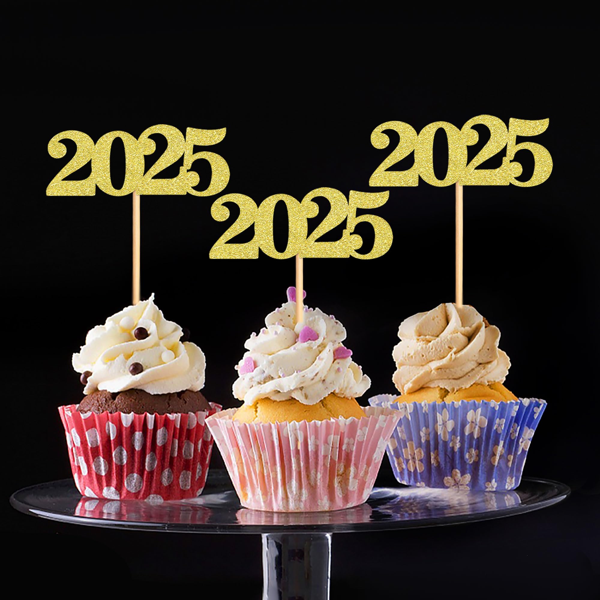 40 Pcs Gold Glitter New Year Cupcake Toppers 2025 - Cheers to 2025 Cake Picks for New Year's Eve Party Decorations - Perfect for Birthday, Wedding & Holiday Celebrations