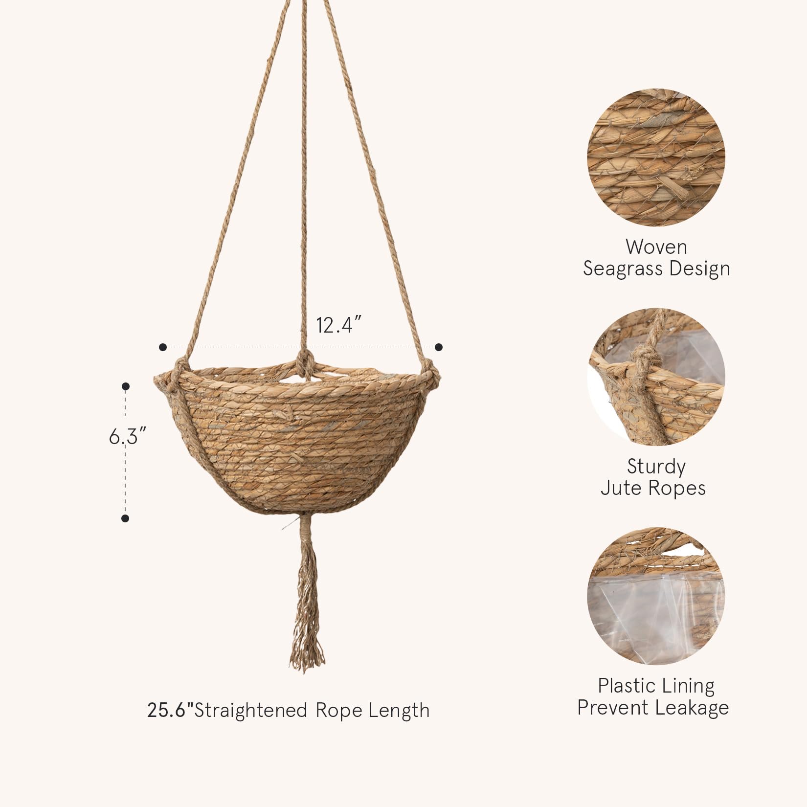 Natural Seagrass Hanging Planter Basket Set - 2 Pack Boho Indoor Plant Pots with Covers, 12.4