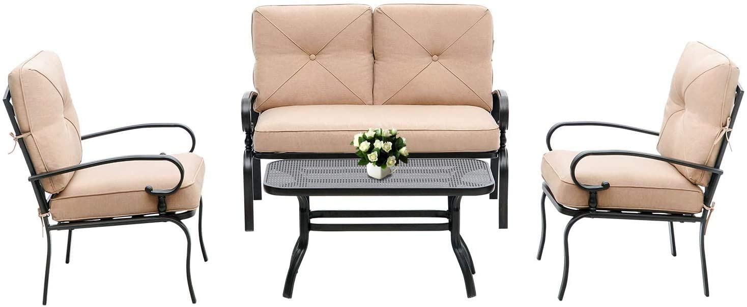 Outdoor Patio Furniture Set - 2 Chairs, Loveseat & Coffee Table with Cushions, Wrought Iron Look Metal Garden Conversation Set (Brown) | Perfect for Lawn, Front Porch, Backyard & Garden Relaxation
