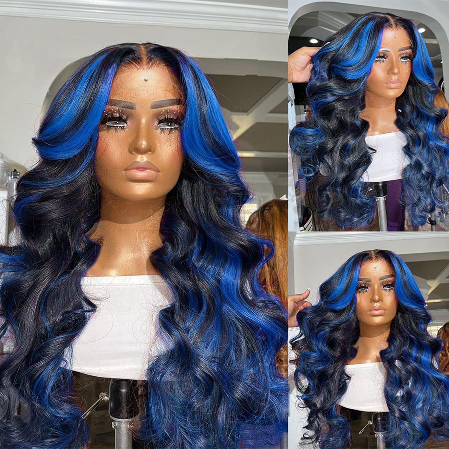 BLG 20 Inch Blue Lace Front Wigs Human Hair - 180% Density Highlighted Pre-Plucked Skunk Stripe Wigs for Women | Glueless Colored Human Hair Lace Wig | Perfect for Cosplay, Parties & Fashion Styling