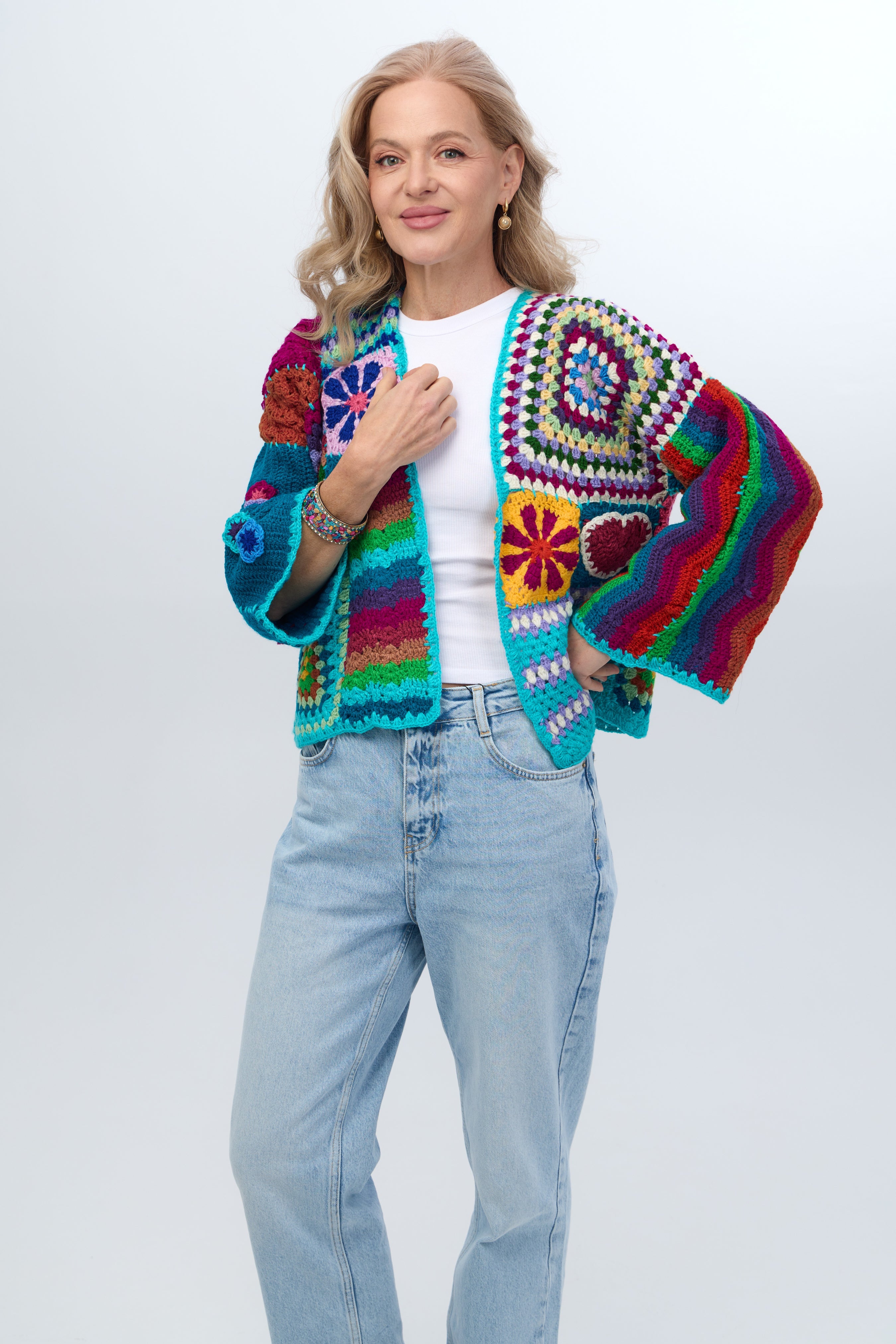 Vibrant Multi-Pattern Crochet Cardigan for Women - Boho Chic Lace Knit Sweater | Perfect for Fall Layering, Coffee Dates & Cozy Evenings