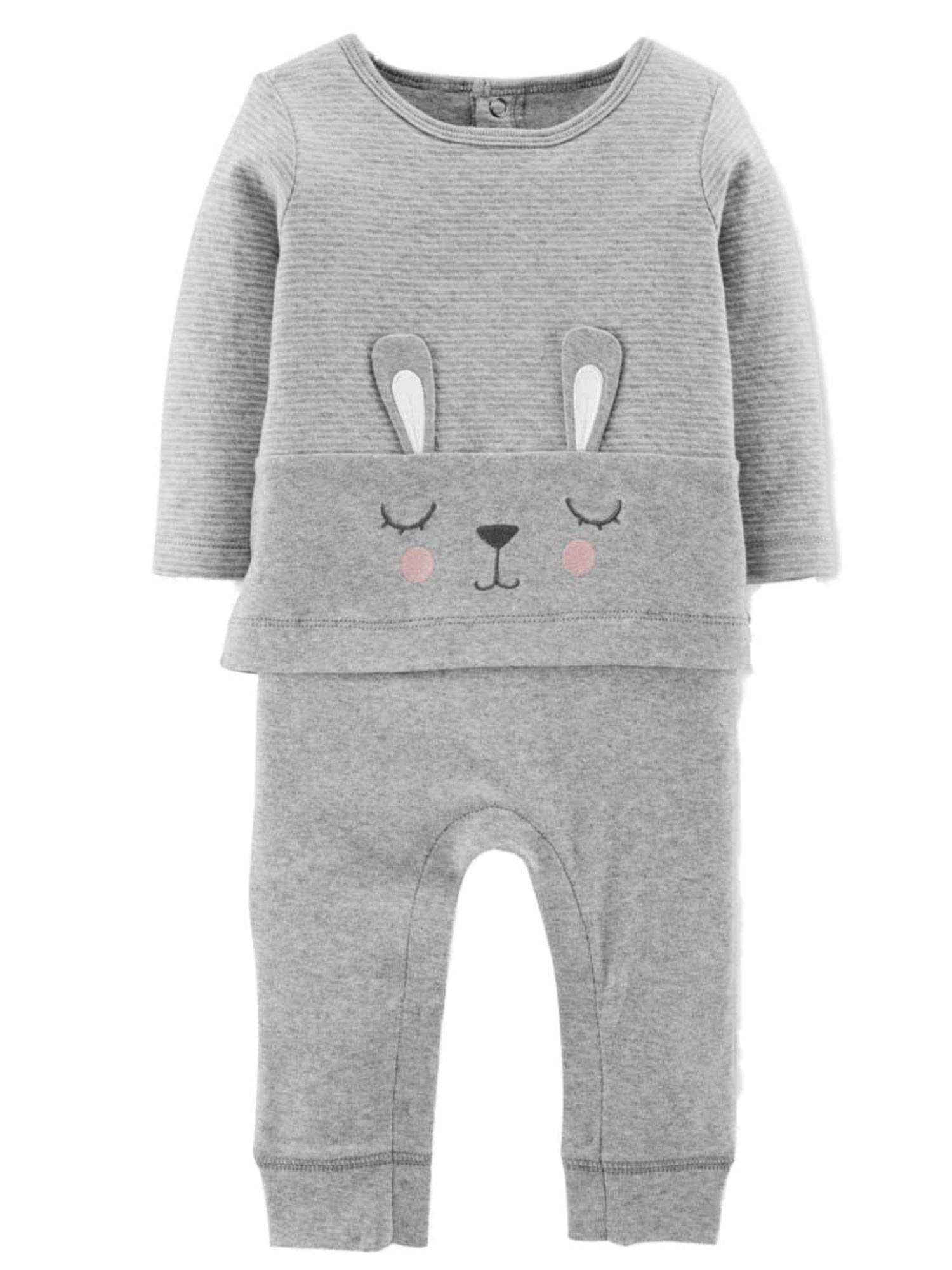 Carters Baby Girls Gray Striped Bunny Rabbit Mock-Layered Jumpsuit - Soft Cotton Romper for Newborns & Infants - Perfect for Playdates, Easter Outfits & Photo Shoots