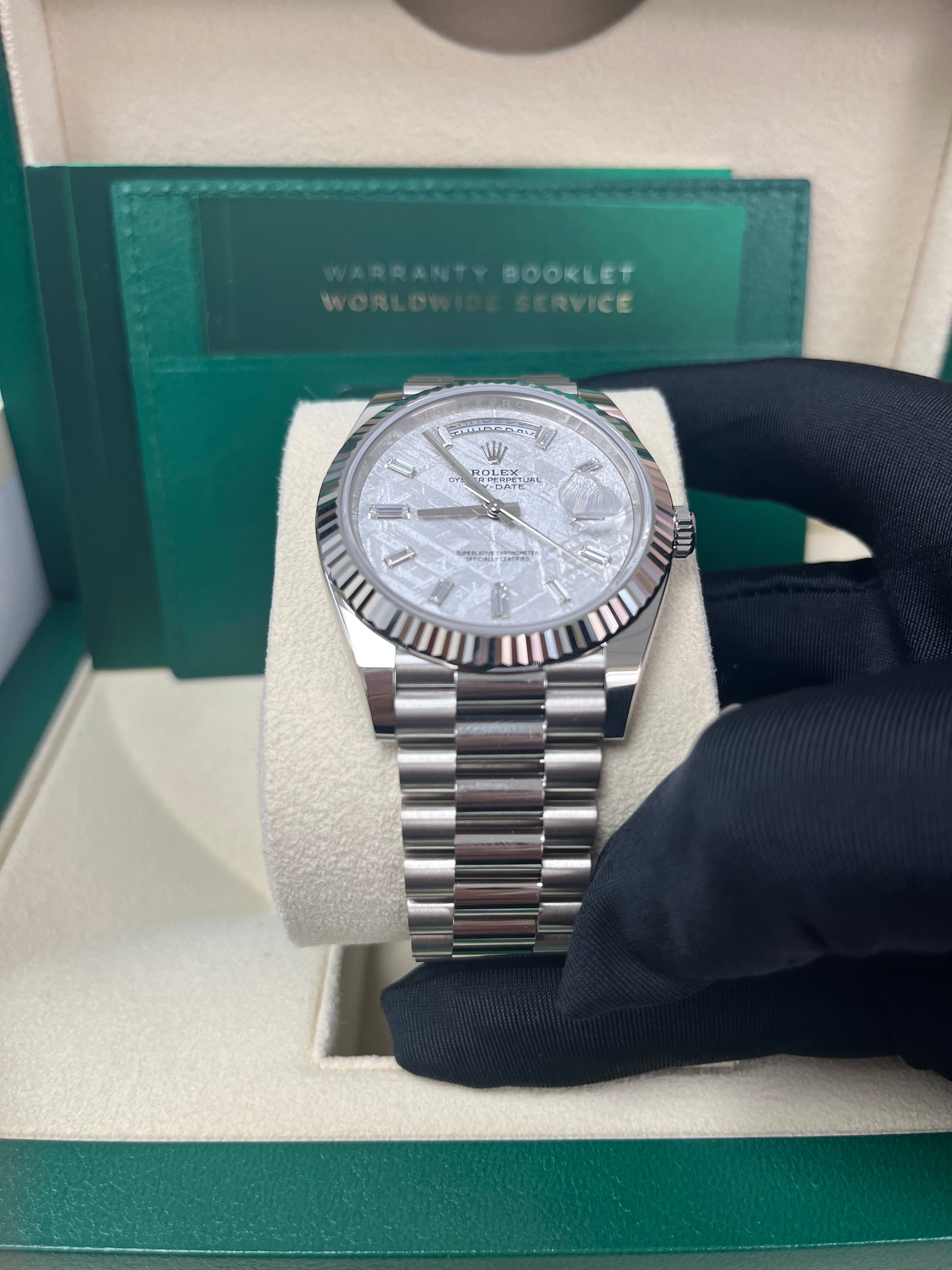Rolex Day-Date 40mm Men's Watch - Meteorite Baguette Diamond Dial, White Gold Fluted Bezel, Ref. 228239 | Luxury Dress Watch for Business & Formal Occasions