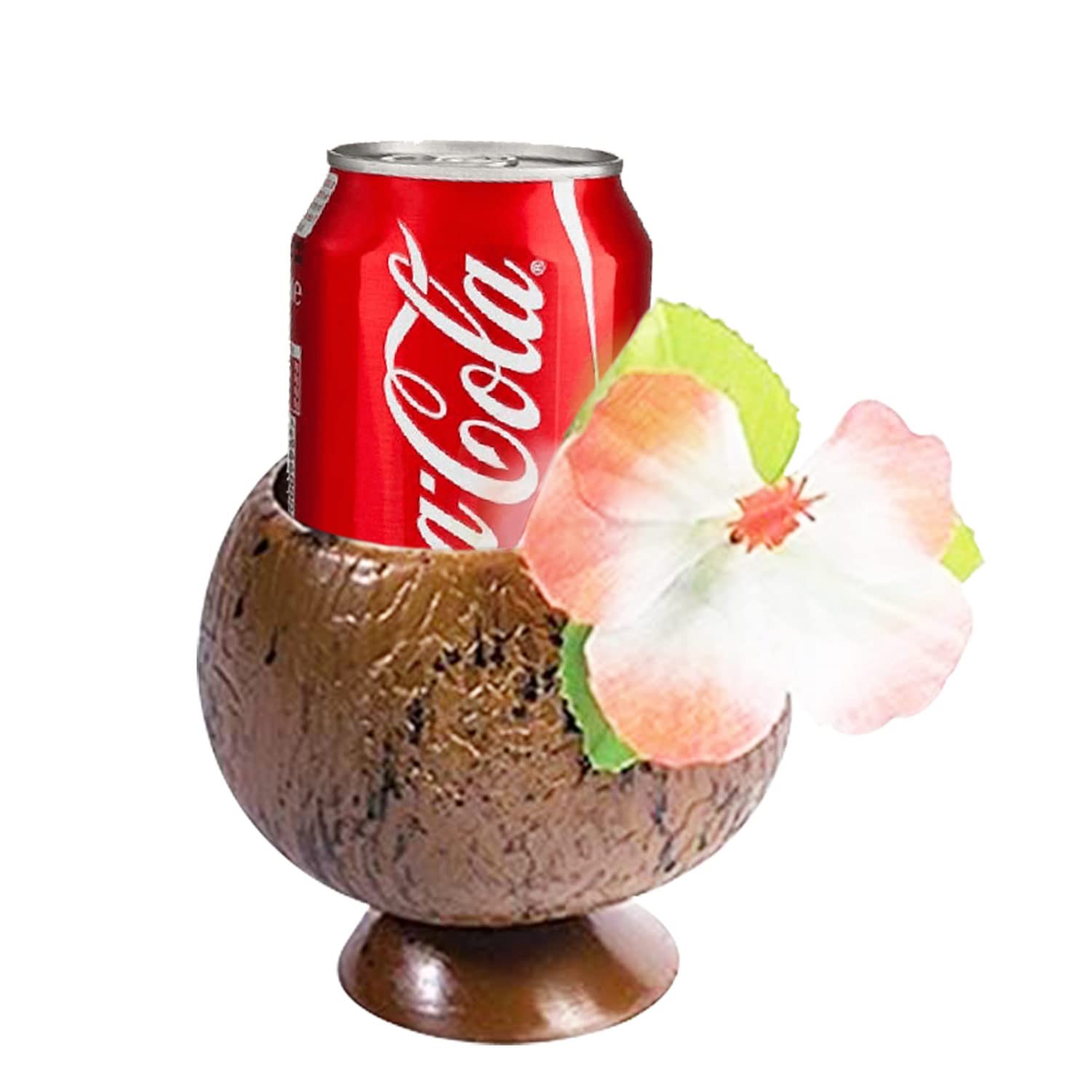 Hawaiian Luau Party Coconut Can Cup Holders with Flower Decor - Set of 6 - Perfect for Tropical Themed Parties, Beach Weddings & Summer BBQs