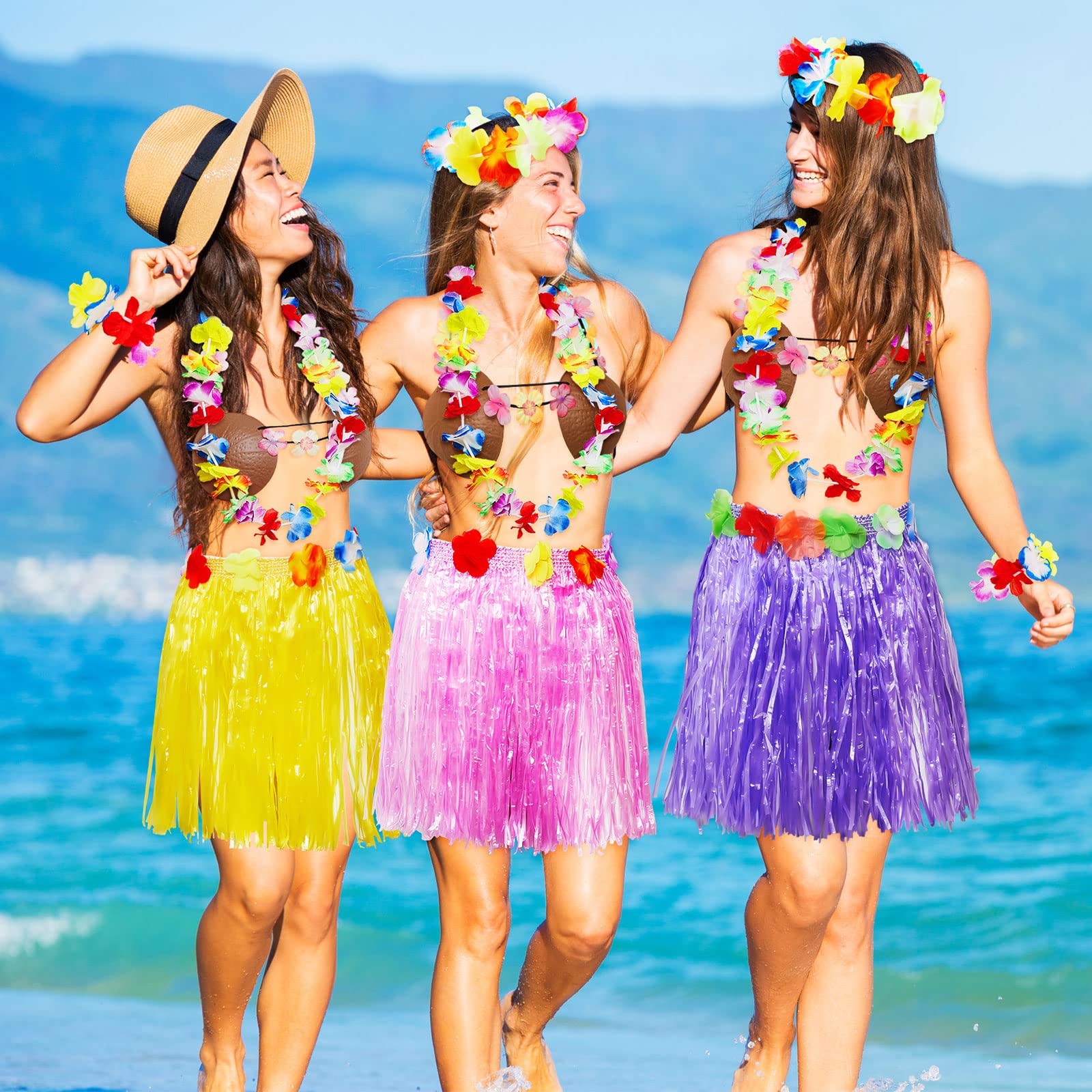 Janmercy 8-Piece Hawaiian Hula Skirt Set - 40cm Grass Skirts, Coconut Bras, Floral Leis, Headbands & Bracelets for Luau Party, Hawaiian Theme Party & Tropical Costume Dress Up