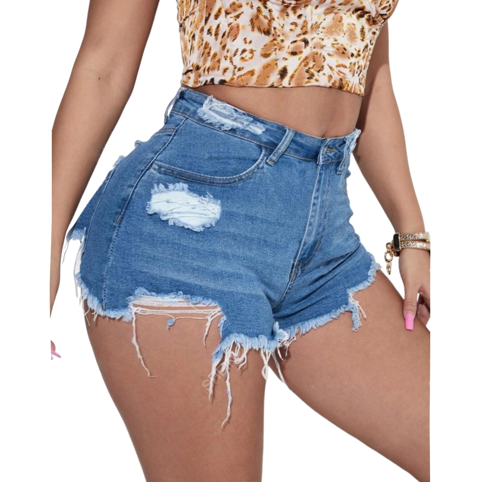 MapleHub Plus Size Women's Ripped Denim Jean Shorts - High Waisted Stretchy Folded Hem Short Jeans for Summer Casual Wear & Street Style Outfits