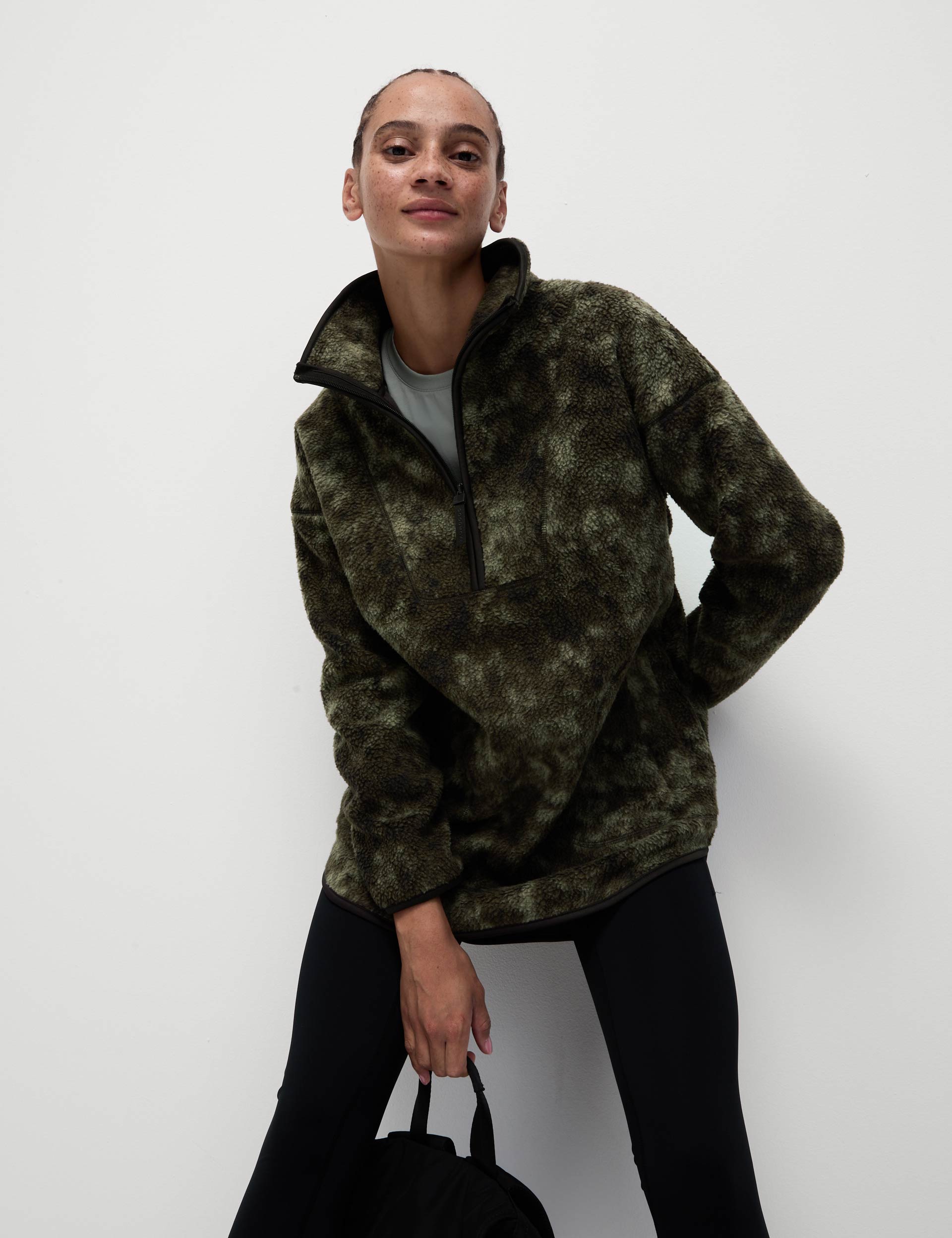 Borg Half Zip Longline Fleece Jacket for Men & Women | Warm Winter Outdoor Pullover | Hiking, Camping & Casual Wear in Khaki Mix
