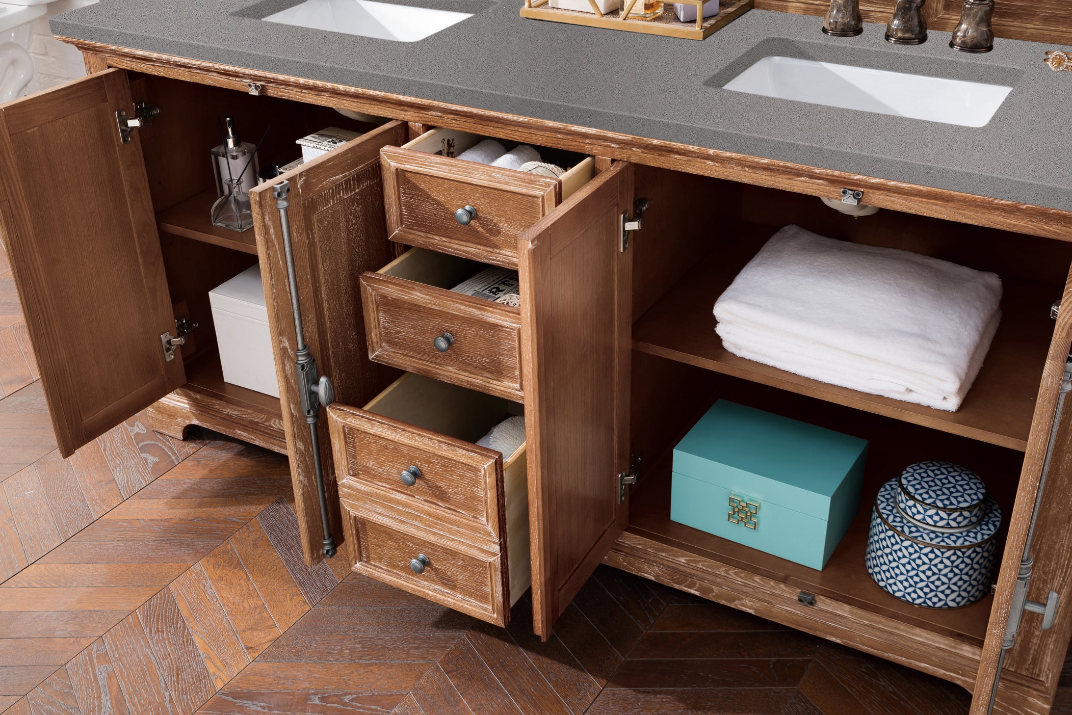 Providence 72 Inch Double Vanity Cabinet with Driftwood Finish & 3CM Grey Expo Quartz Top - Perfect for Modern Bathroom Renovations & Master Suite Upgrades