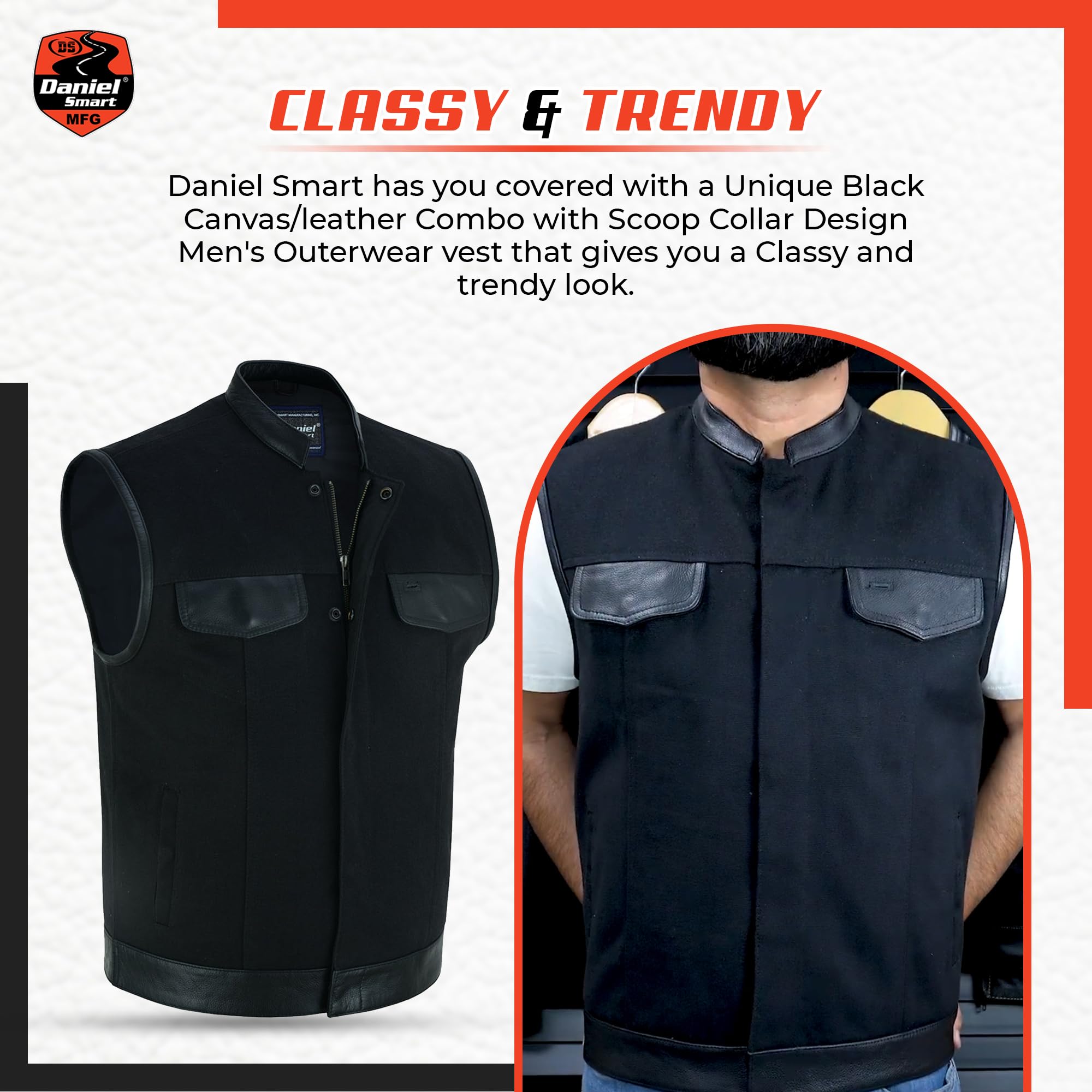 Daniel Smart Men’s Canvas Motorcycle Vest with Leather Detailing & Concealment Armory Pocket - Stylish Biker Jacket for Riding, Outdoor Adventures & Casual Wear